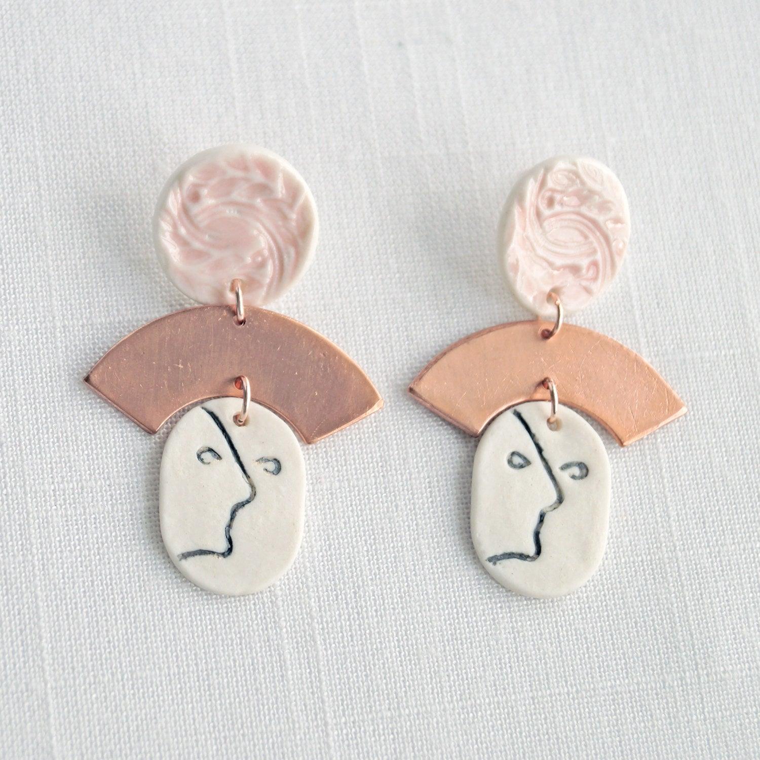 porcelain face earrings, ladies copper earrings, 7th anniversary gift, rose gold, vermeil, 925 sterling silver, ear studs, st