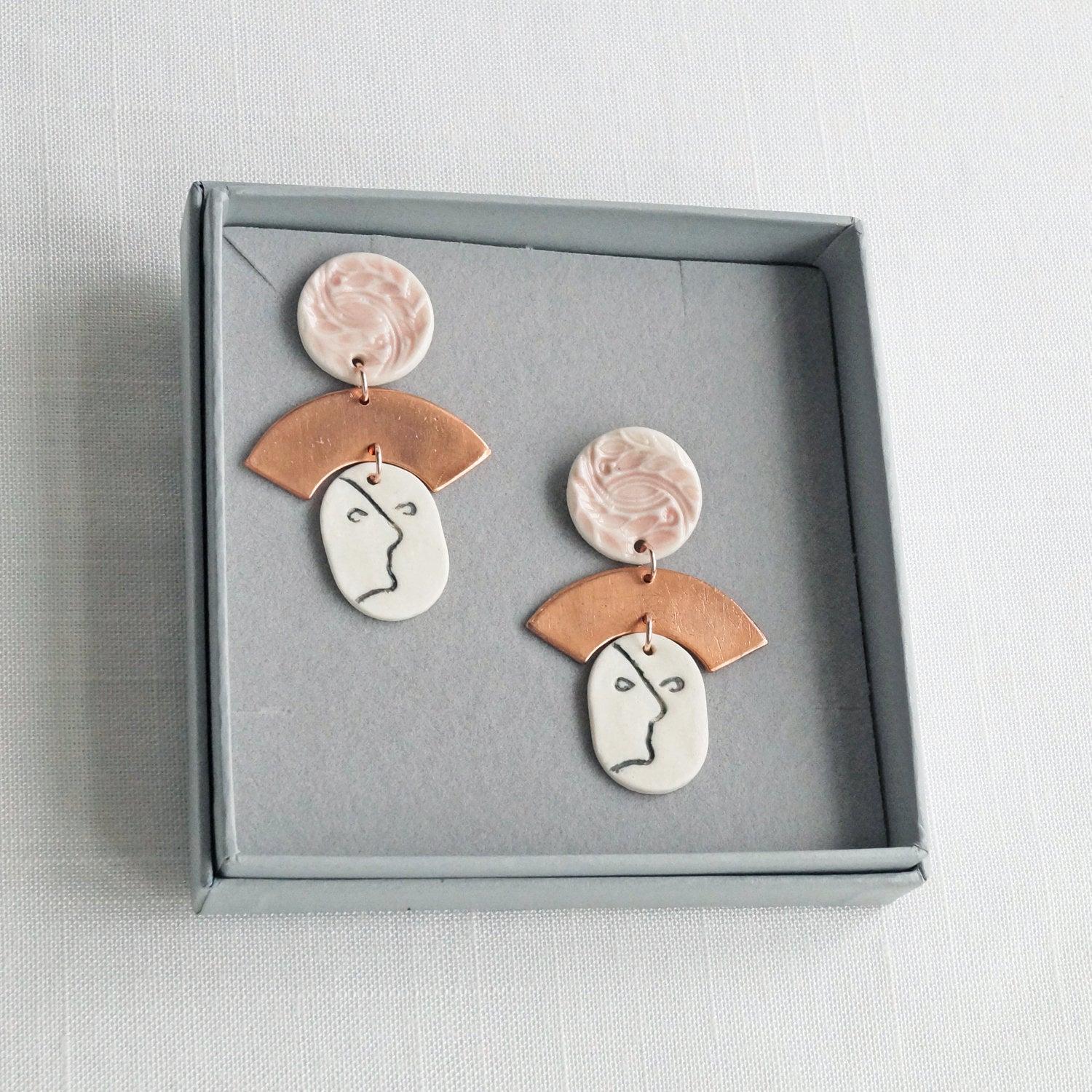 porcelain face earrings, ladies copper earrings, 7th anniversary gift, rose gold, vermeil, 925 sterling silver, ear studs, st