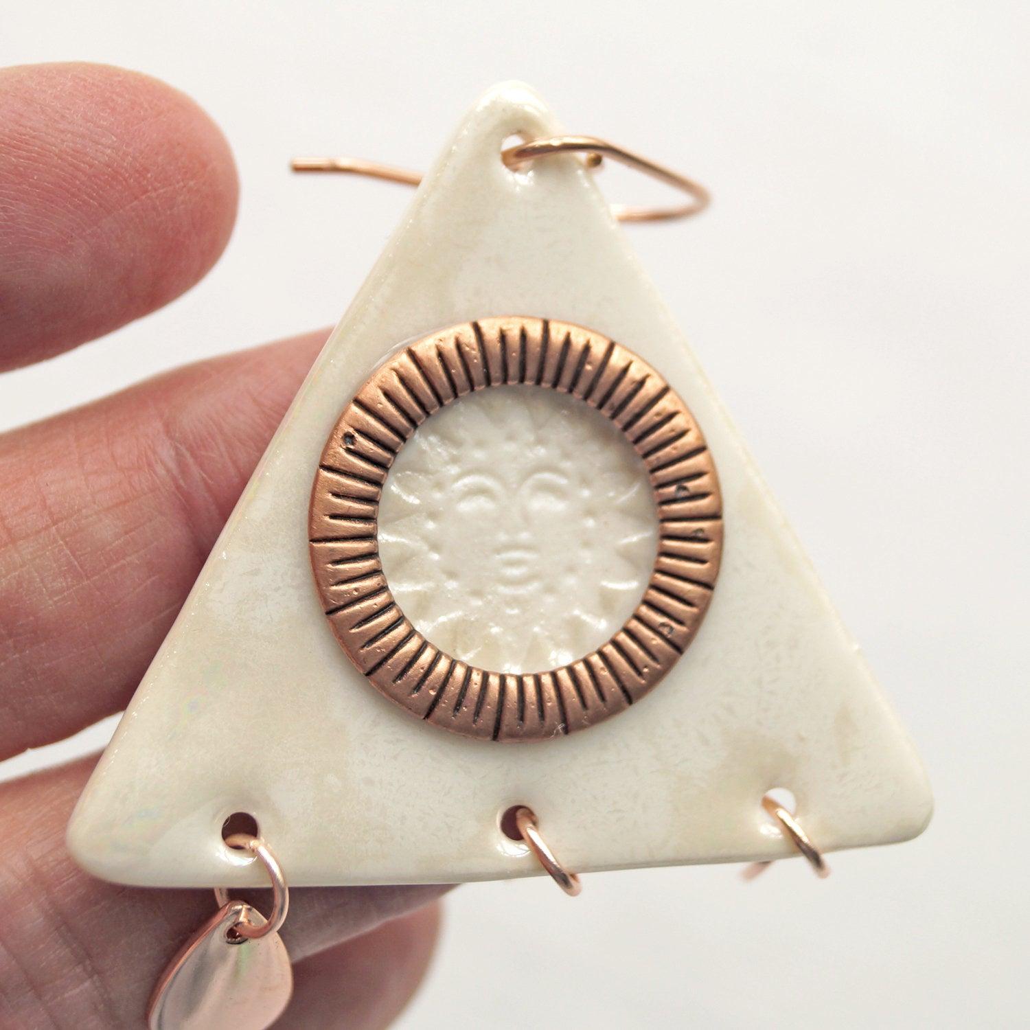Sun & rain, triangle, rain drops, porcelain earrings, copper jewellery, 7th anniversary gift, rose gold vermeil, 925 sterling