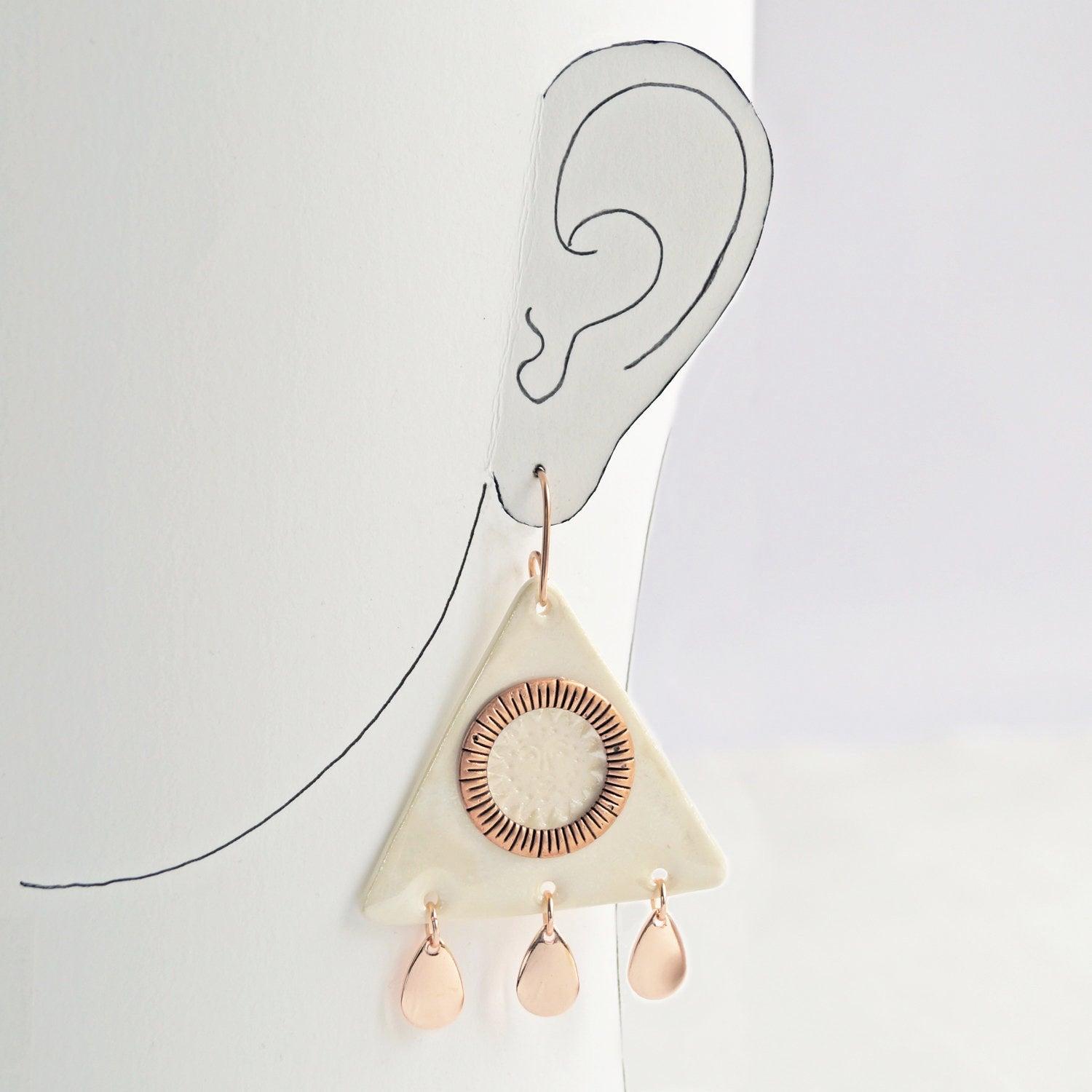 Sun & rain, triangle, rain drops, porcelain earrings, copper jewellery, 7th anniversary gift, rose gold vermeil, 925 sterling