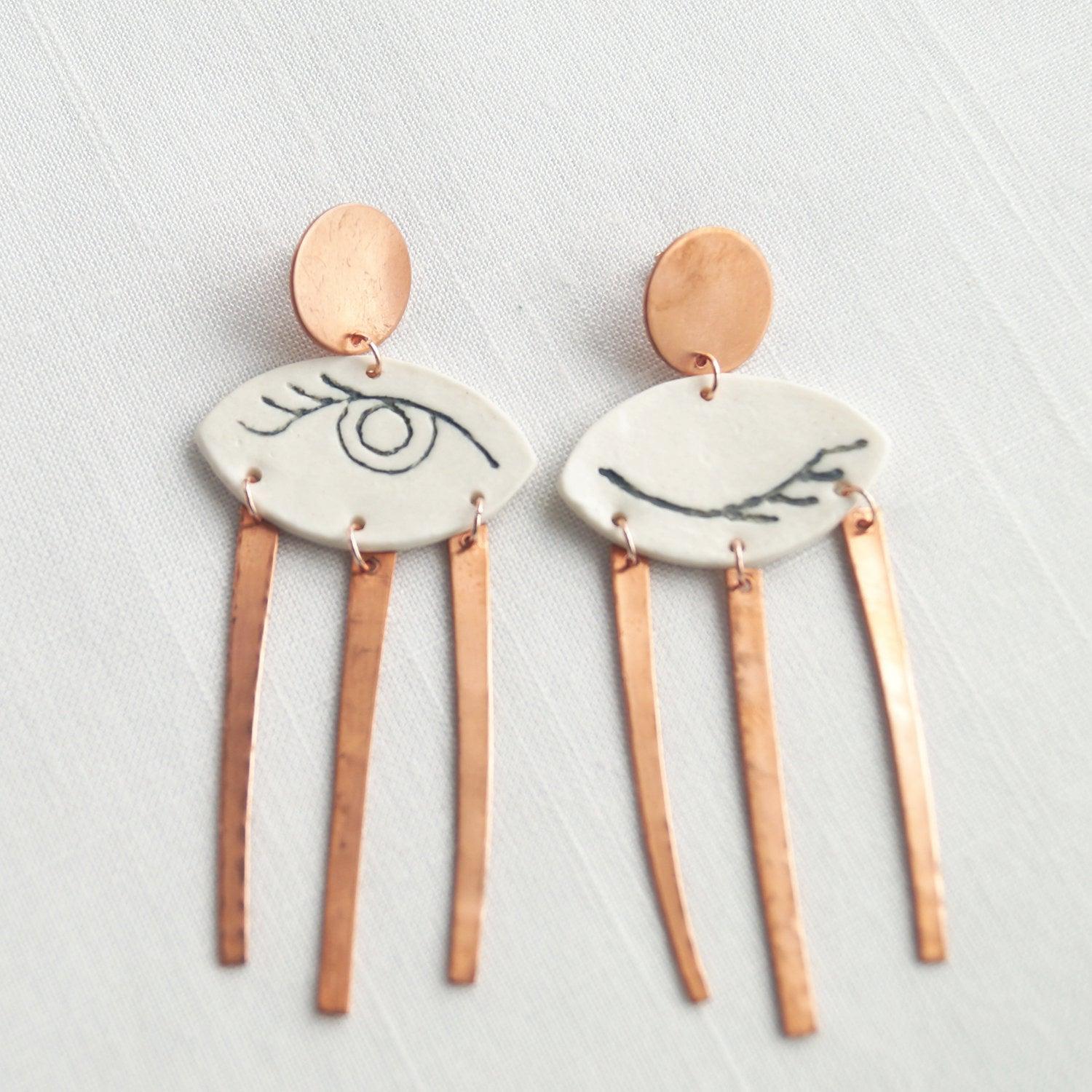 WINK, statement earrings, winking eye earrings, white porcelain, copper earrings, 7th anniversary gift, 18th anniversary, 22n