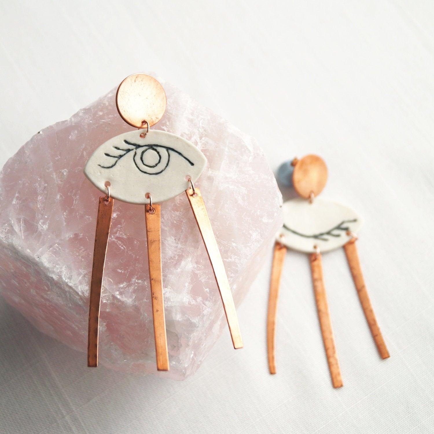 WINK, statement earrings, winking eye earrings, white porcelain, copper earrings, 7th anniversary gift, 18th anniversary, 22n