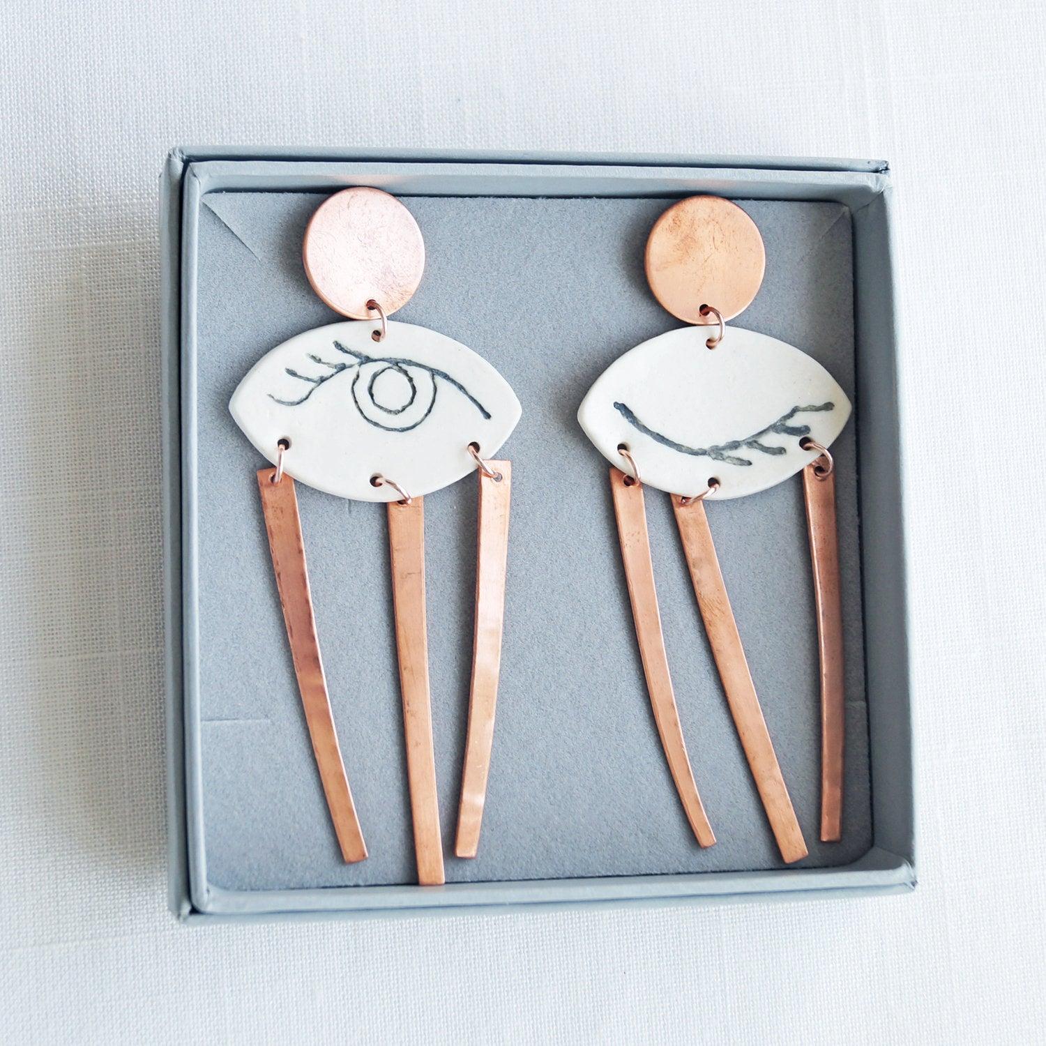 WINK, statement earrings, winking eye earrings, white porcelain, copper earrings, 7th anniversary gift, rose gold earrings, V