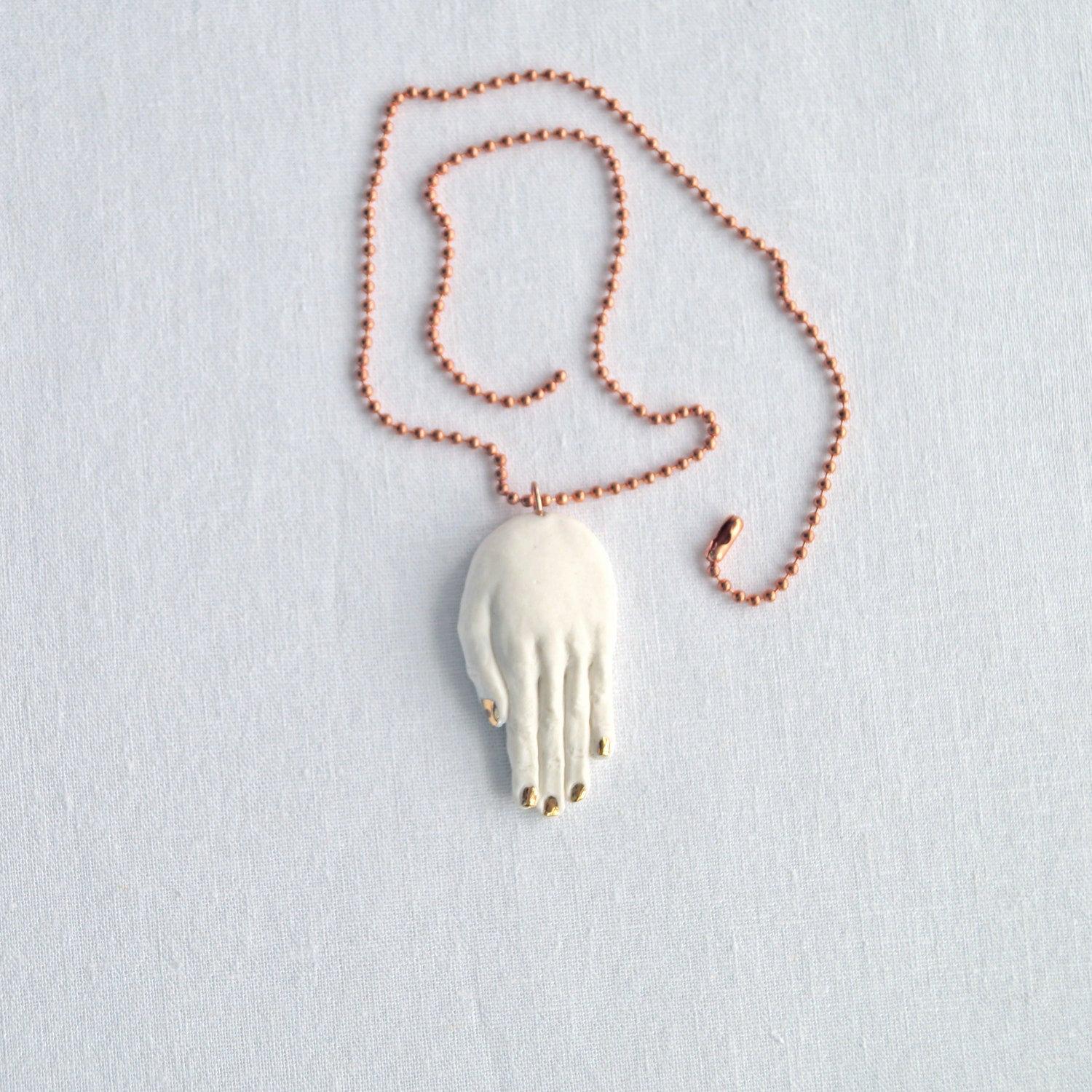 Sculpted hand necklace, porcelain hand necklace, gold lustre, copper chain, 7th anniversary, 22nd anniversary, 18th anniversa