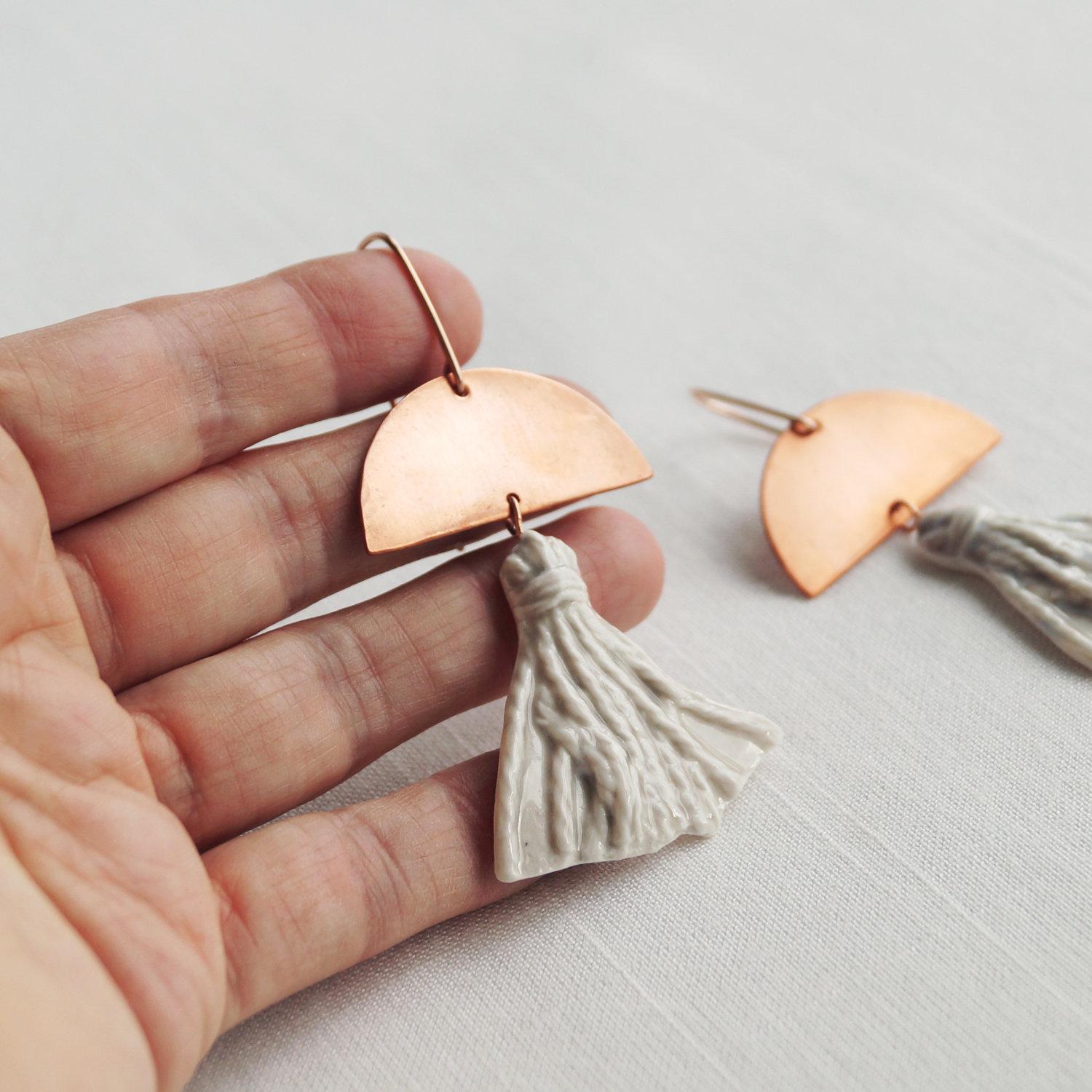 Tassel porcelain copper rose gold statement earrings VanillaKiln