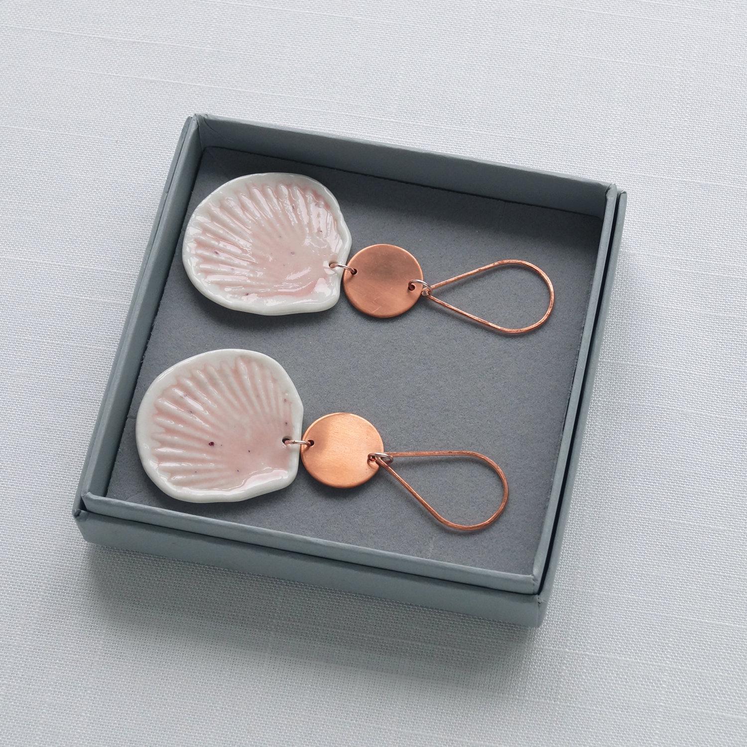 Pink porcelain shells, copper earrings, 925 sterling silver, copper gift, 7th anniversary gift, rose gold vermeil, statement 