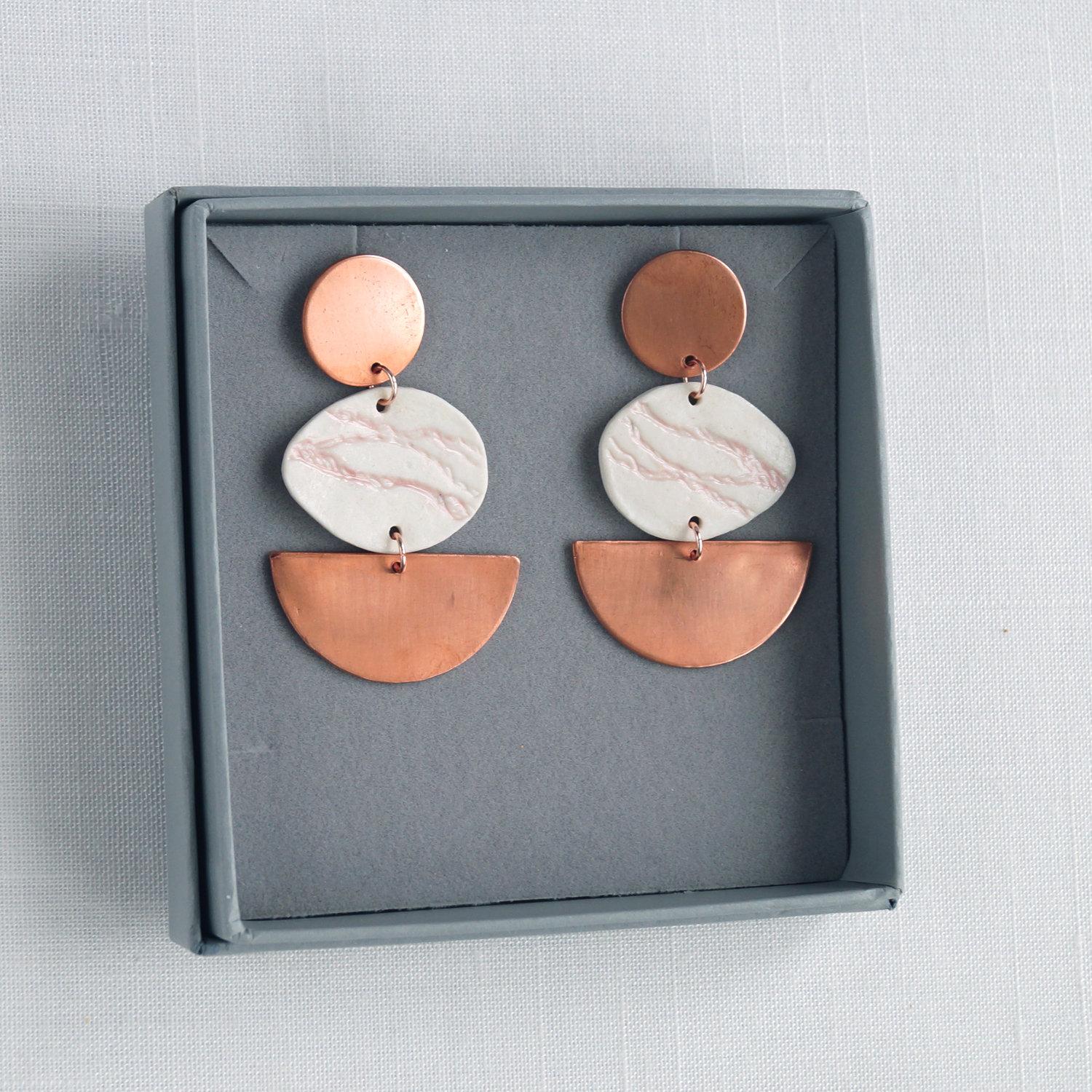 PEBBLE statement earrings, porcelain earrings, copper earrings, copper gift, 7th anniversary gift, rose gold vermeil, 925 ste