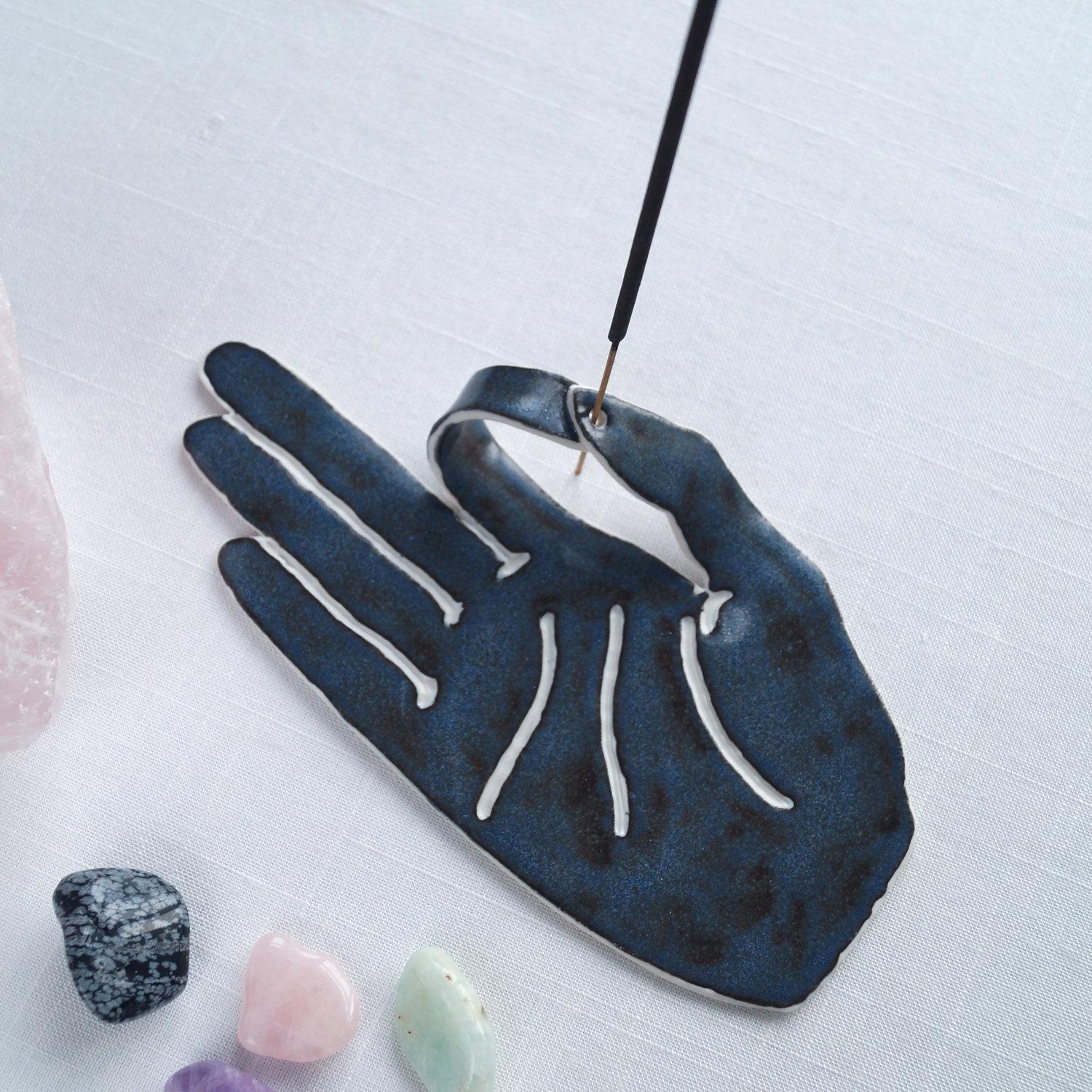 MUDRA, porcelain hand, ceramic hand, ceramic incense holder, acai matt, blue brown, VanillaKiln, UK, mudra hand, incense holder,