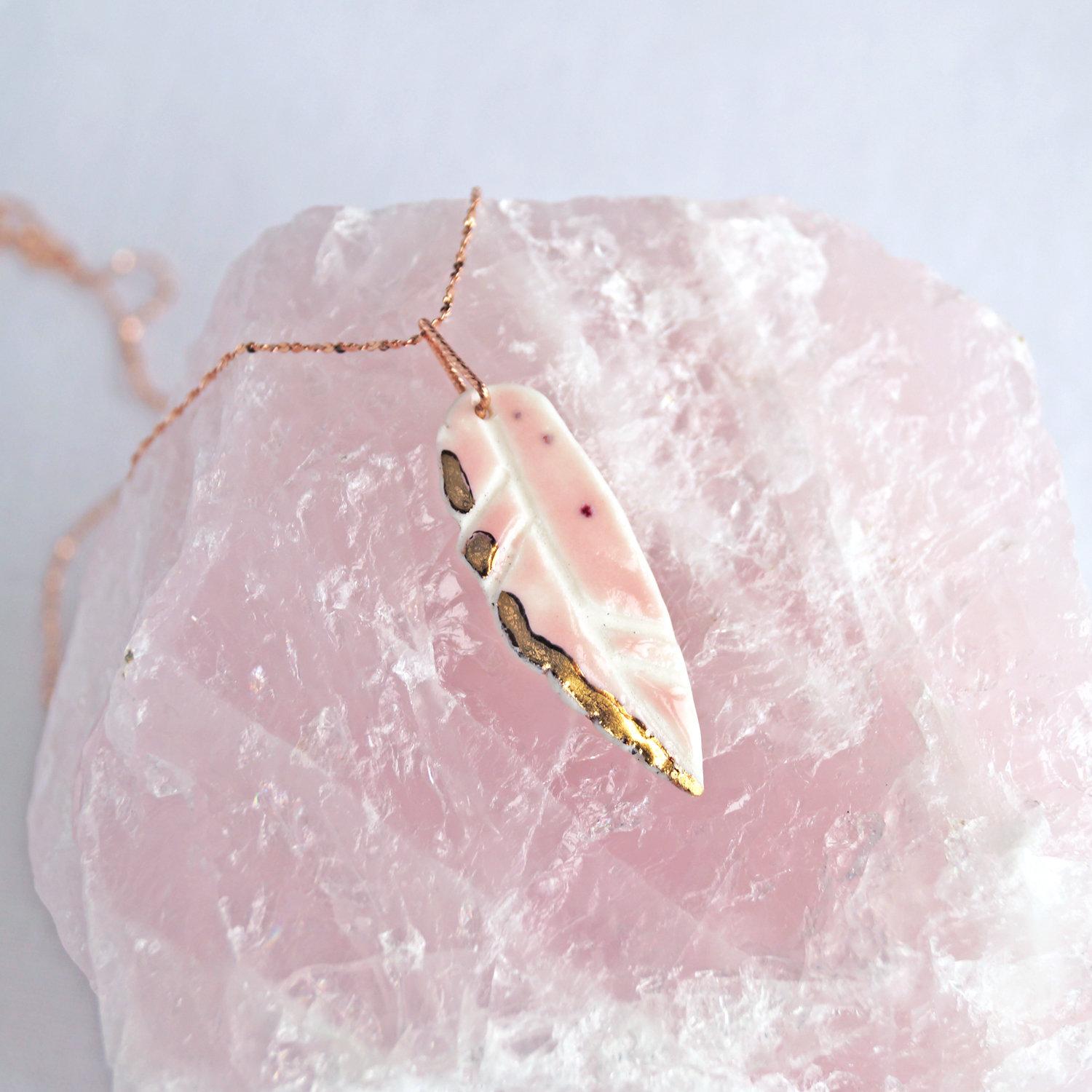Blush pink, pink porcelain feather necklace, 14 kt rose gold, 925 sterling silver, vermeil, VanillaKiln, rose gold chain, fea