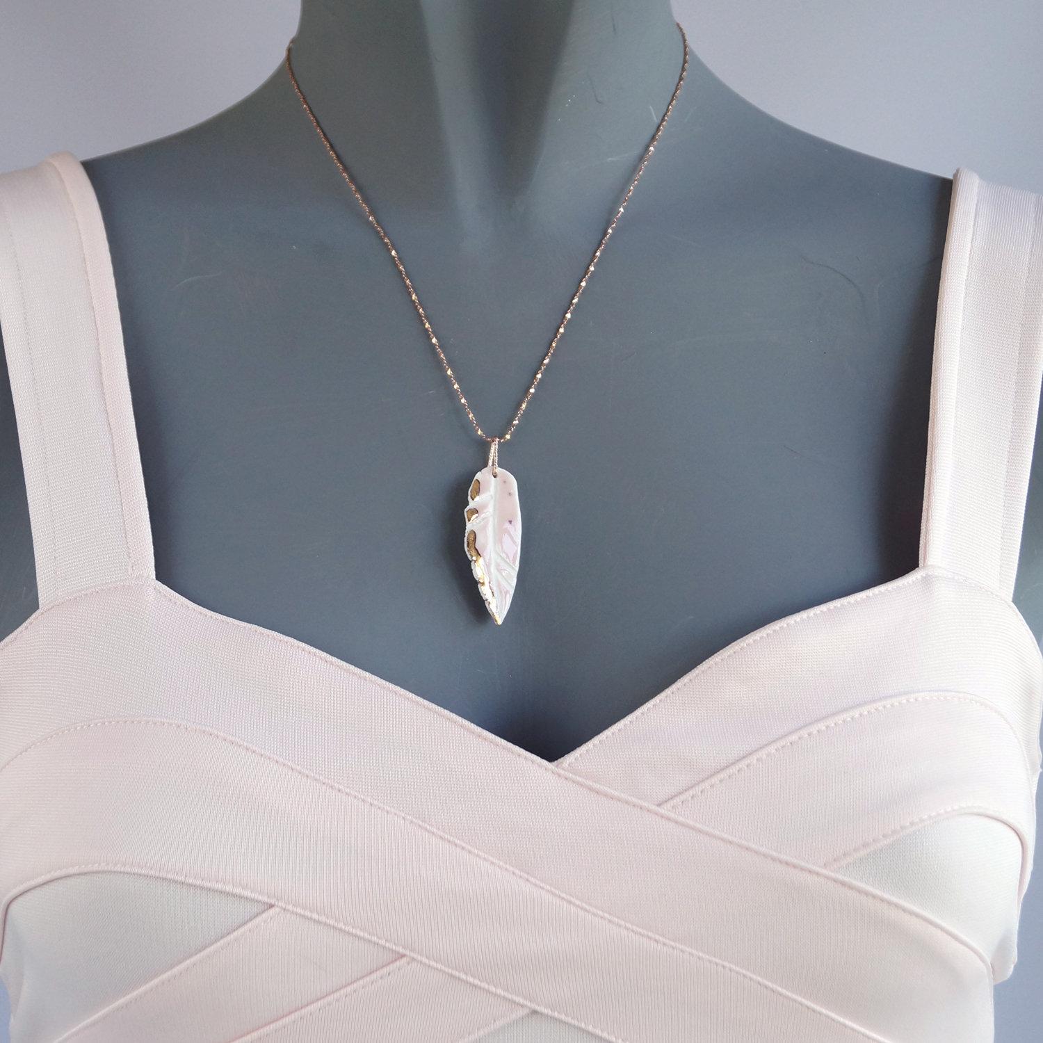 Blush pink, pink porcelain feather necklace, 14 kt rose gold, 925 sterling silver, vermeil, VanillaKiln, rose gold chain, fea
