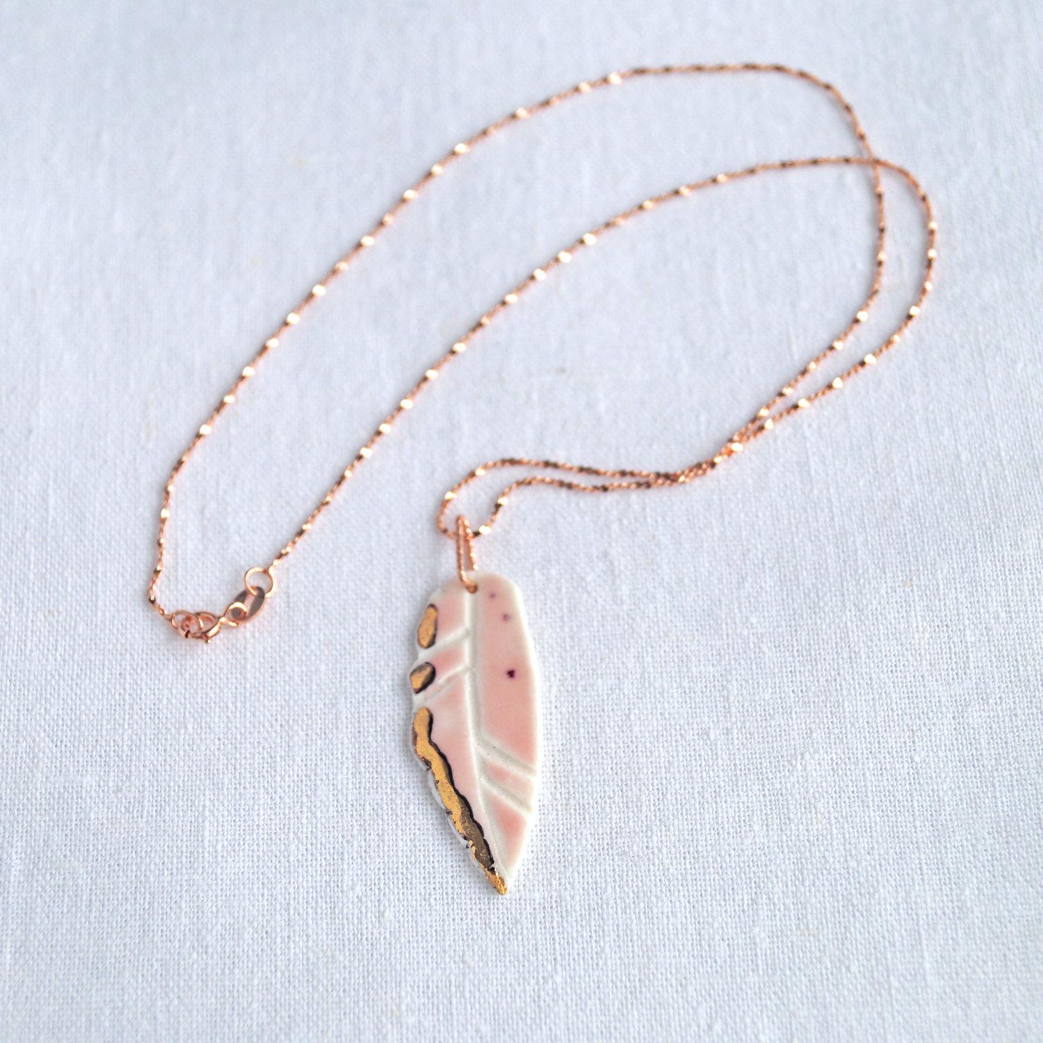 Blush pink, pink porcelain feather necklace, 14 kt rose gold, 925 sterling silver, vermeil, VanillaKiln, rose gold chain, fea