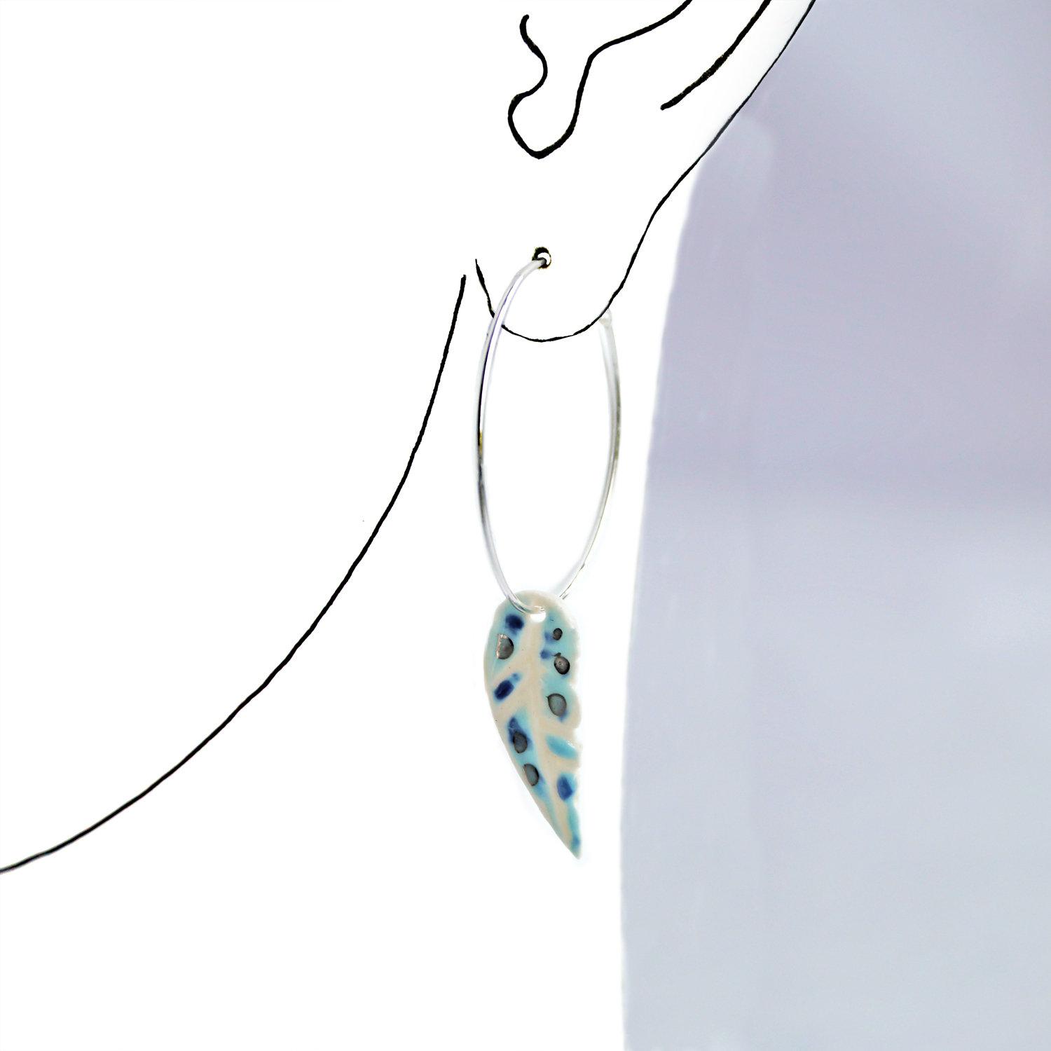 Silver hoop earrings, speckled blue, porcelain feather hoops, Vanillakiln, UK, danty earrings, blue earrings, something blue,