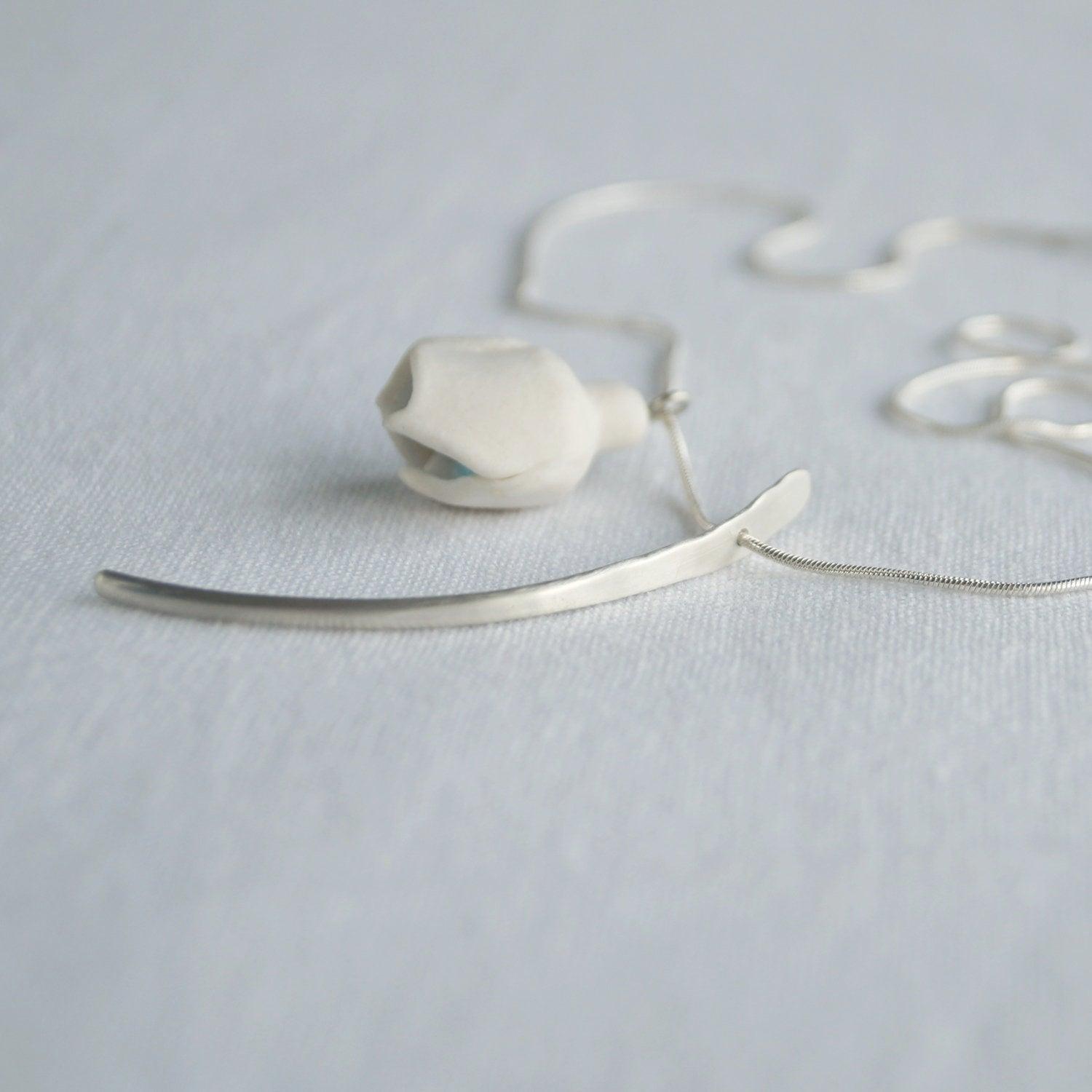 Porcelain SNOWDROP necklace, silver leaf charm