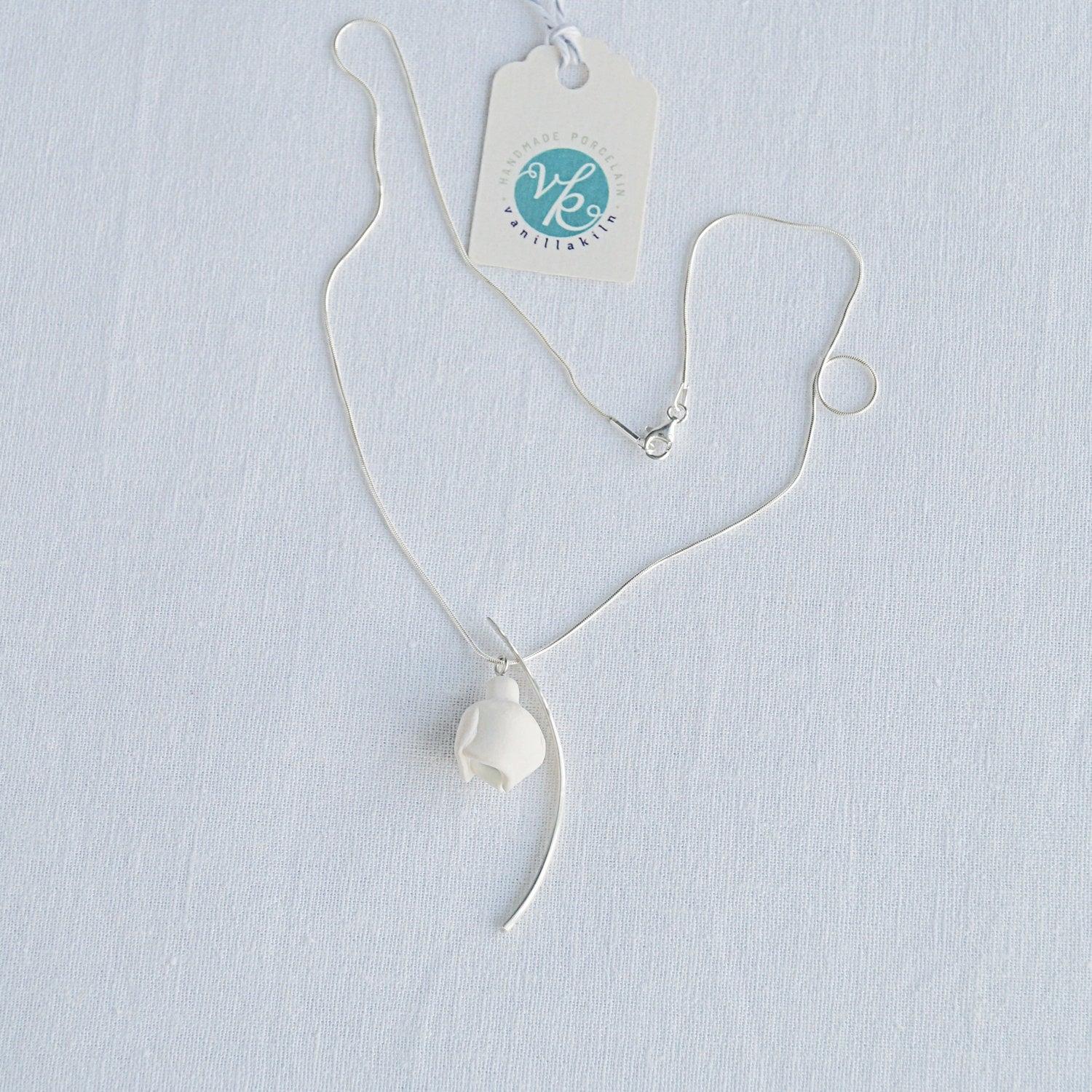 Porcelain SNOWDROP necklace, silver leaf charm