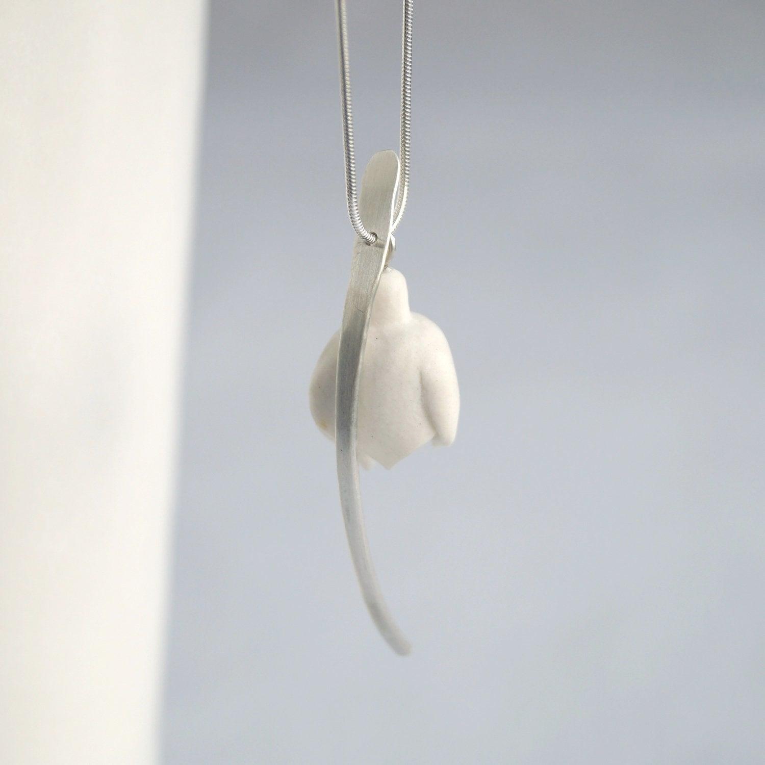 porcelain snowdrop, snowdrop neclace, 925 sterling silver, leaf charm, Vanillakiln, winter bride, winter birthday, porcelain 
