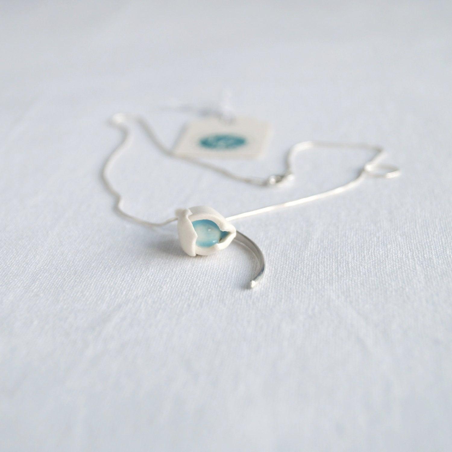 Porcelain SNOWDROP necklace, silver leaf charm