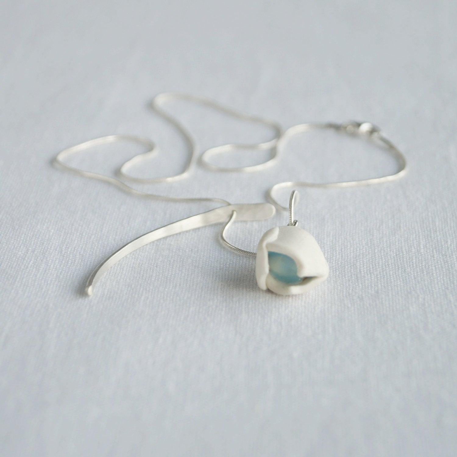 Porcelain SNOWDROP necklace, silver leaf charm