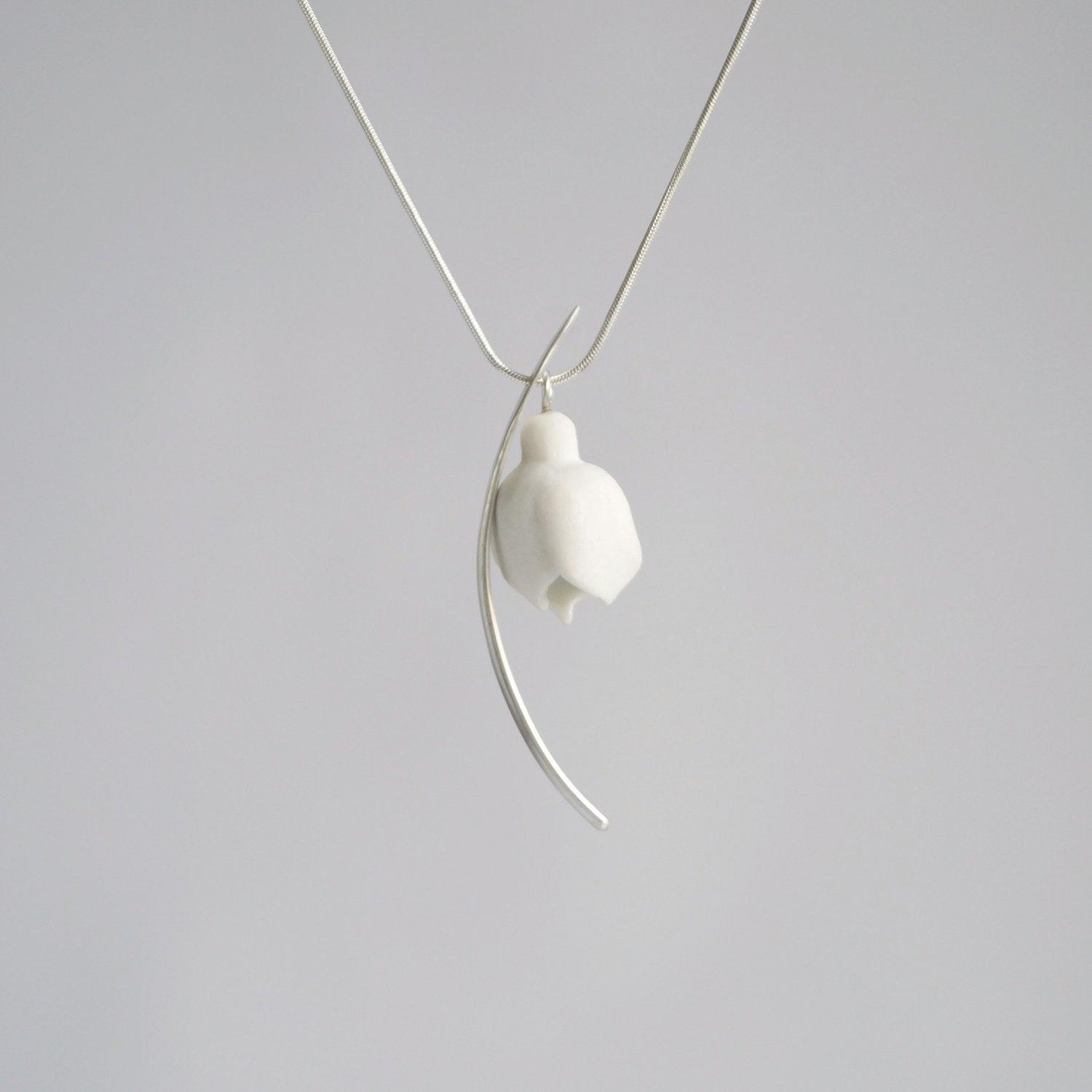 porcelain snowdrop, snowdrop neclace, 925 sterling silver, leaf charm, Vanillakiln, winter bride, winter birthday, porcelain 