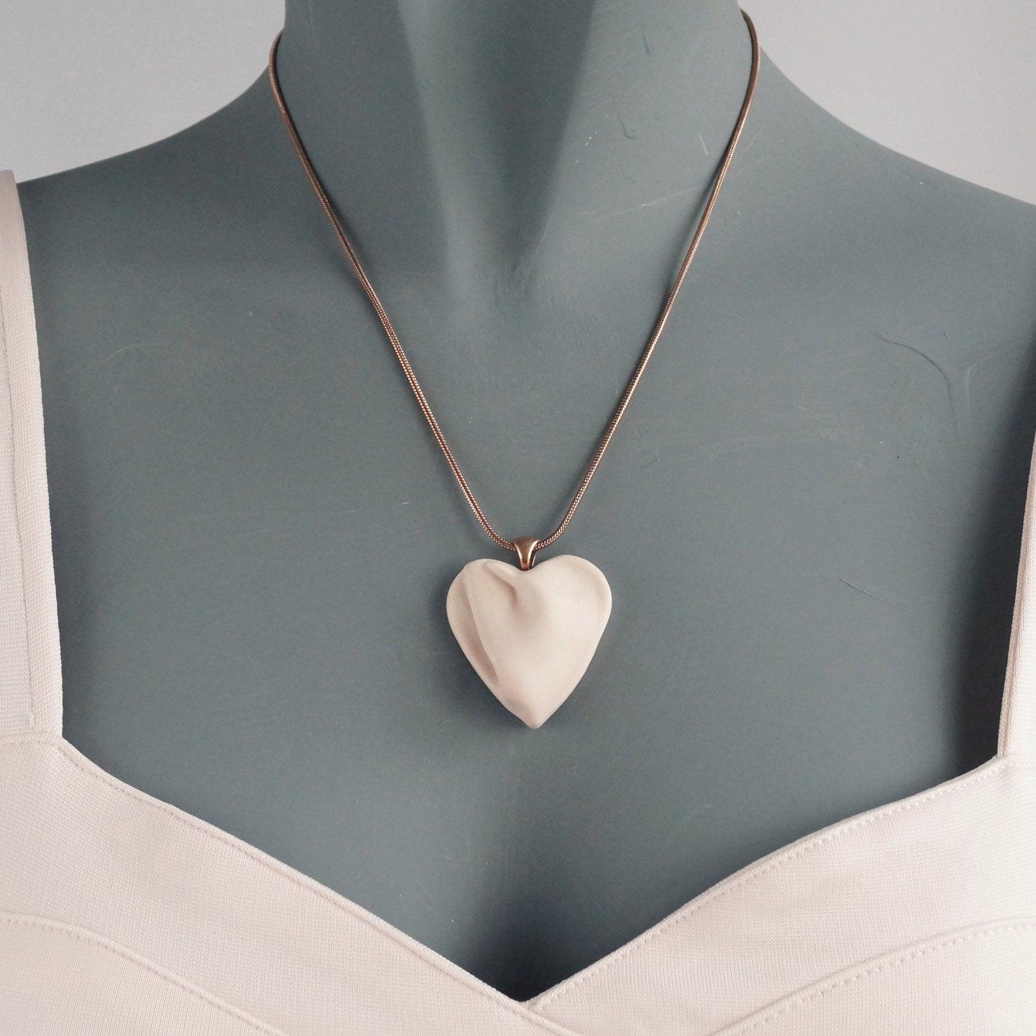 draped heart necklace, pink satin porcelain, rose gold, 304 stainless steel, snake chain, VanillaKiln, Valentines day jewelle