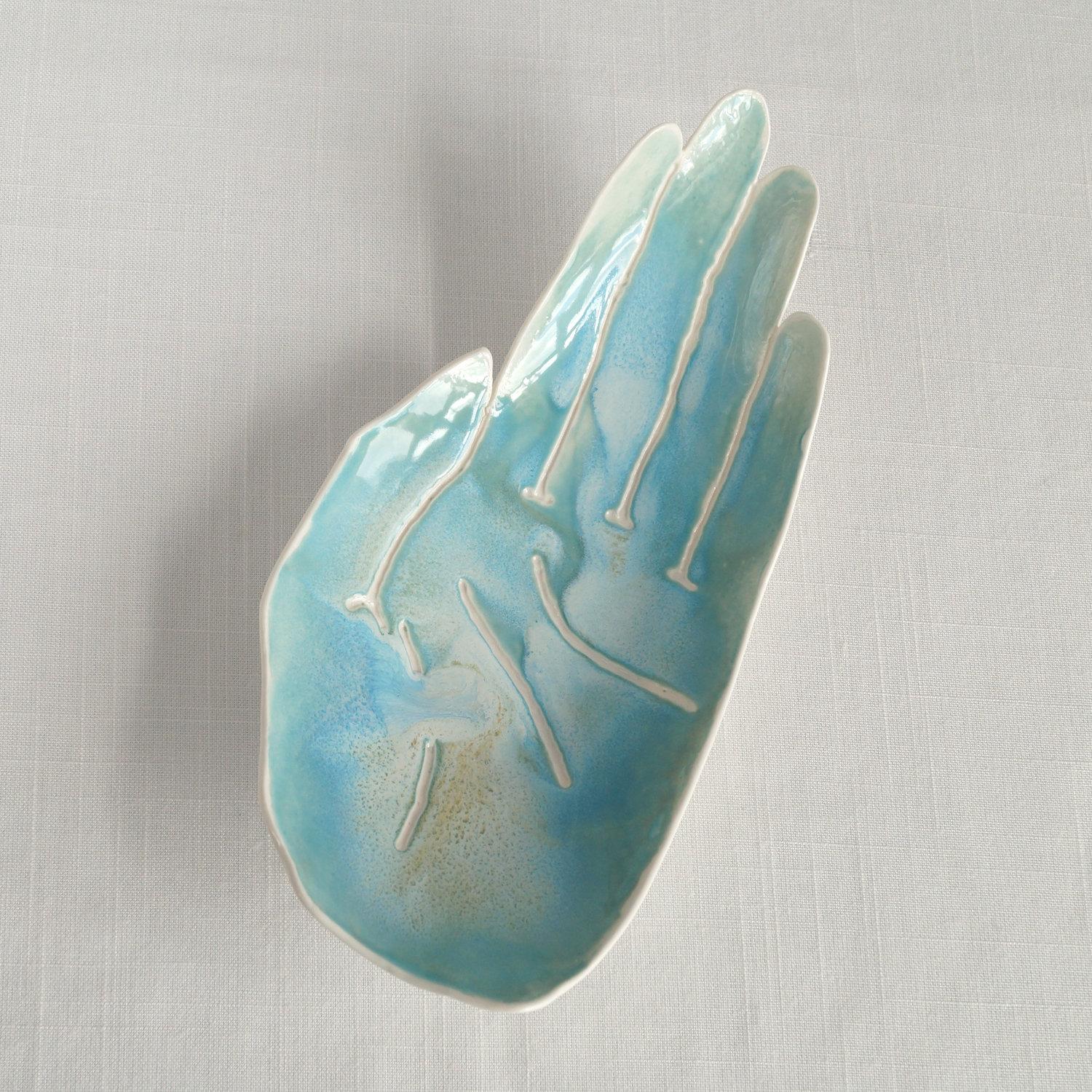 PALM, ceramic hand, ceramic fruit bowl, white porcelain, aqua, Vanillakiln, decorative bowl, UK, large hand, ceramic bowl, porcelain bowl, 
