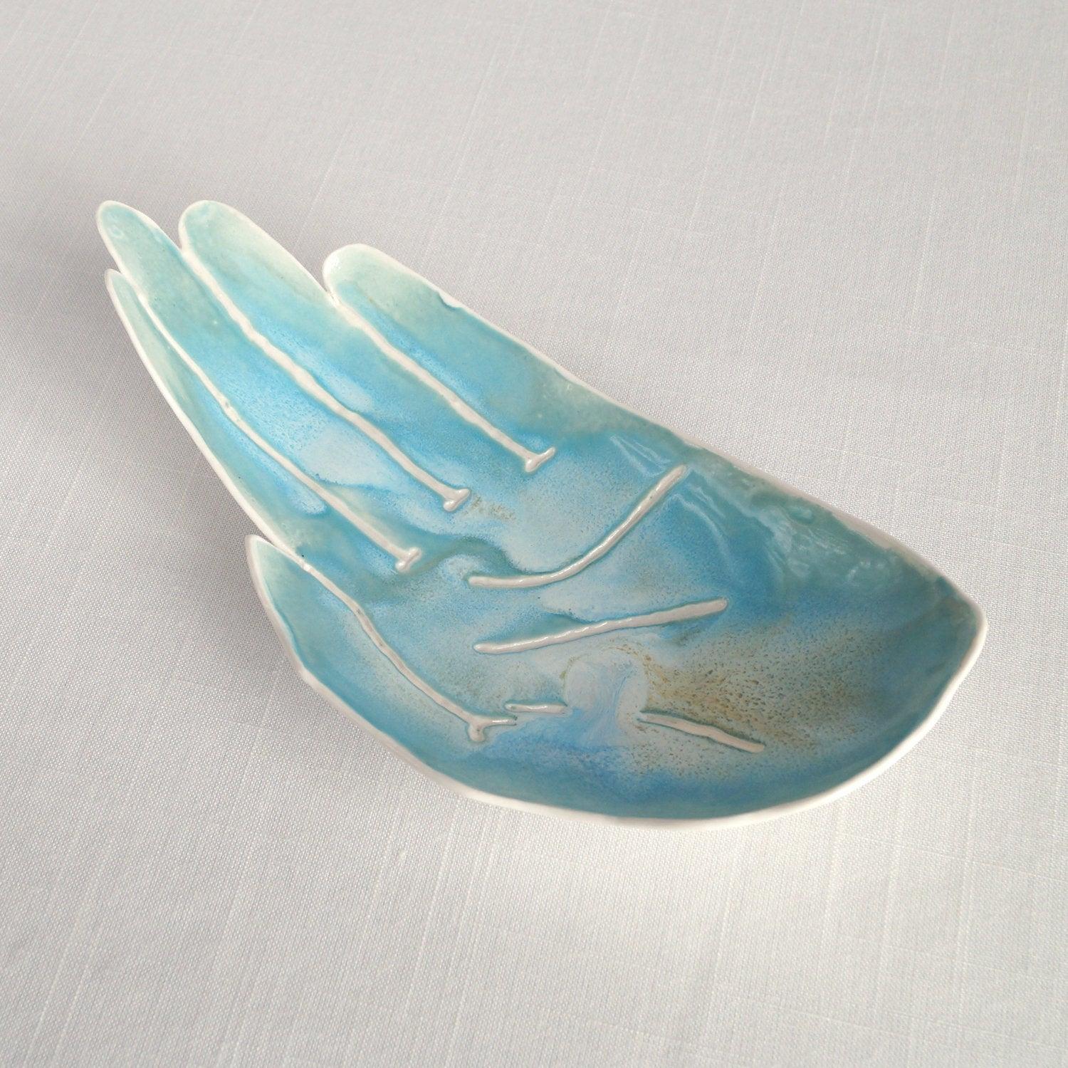 PALM, ceramic hand, ceramic fruit bowl, white porcelain, aqua, Vanillakiln, decorative bowl, UK, large hand, ceramic bowl, porcelain bowl, 