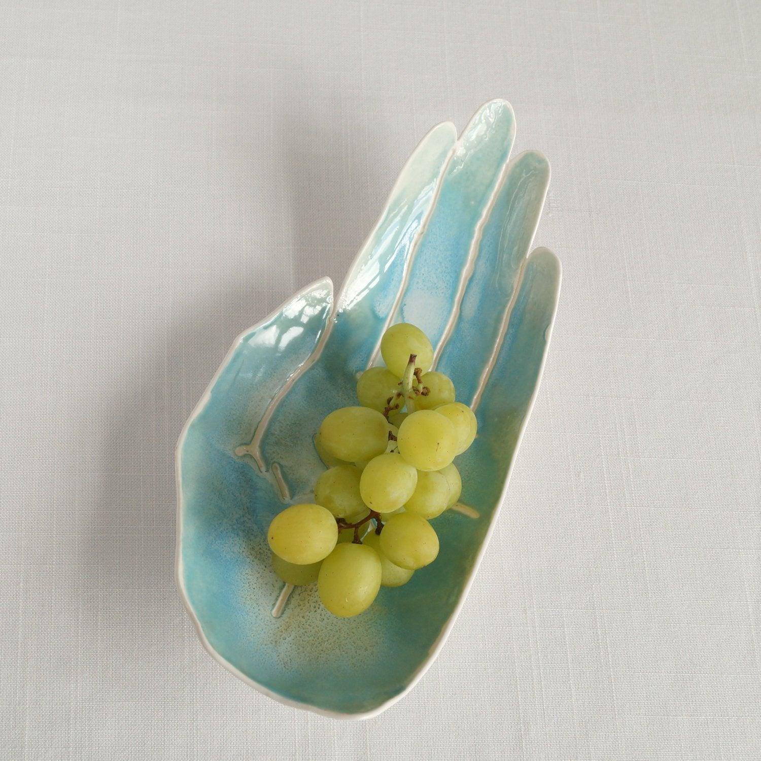PALM, ceramic hand, ceramic fruit bowl, white porcelain, aqua, Vanillakiln, decorative bowl, UK, large hand, ceramic bowl, porcelain bowl, 