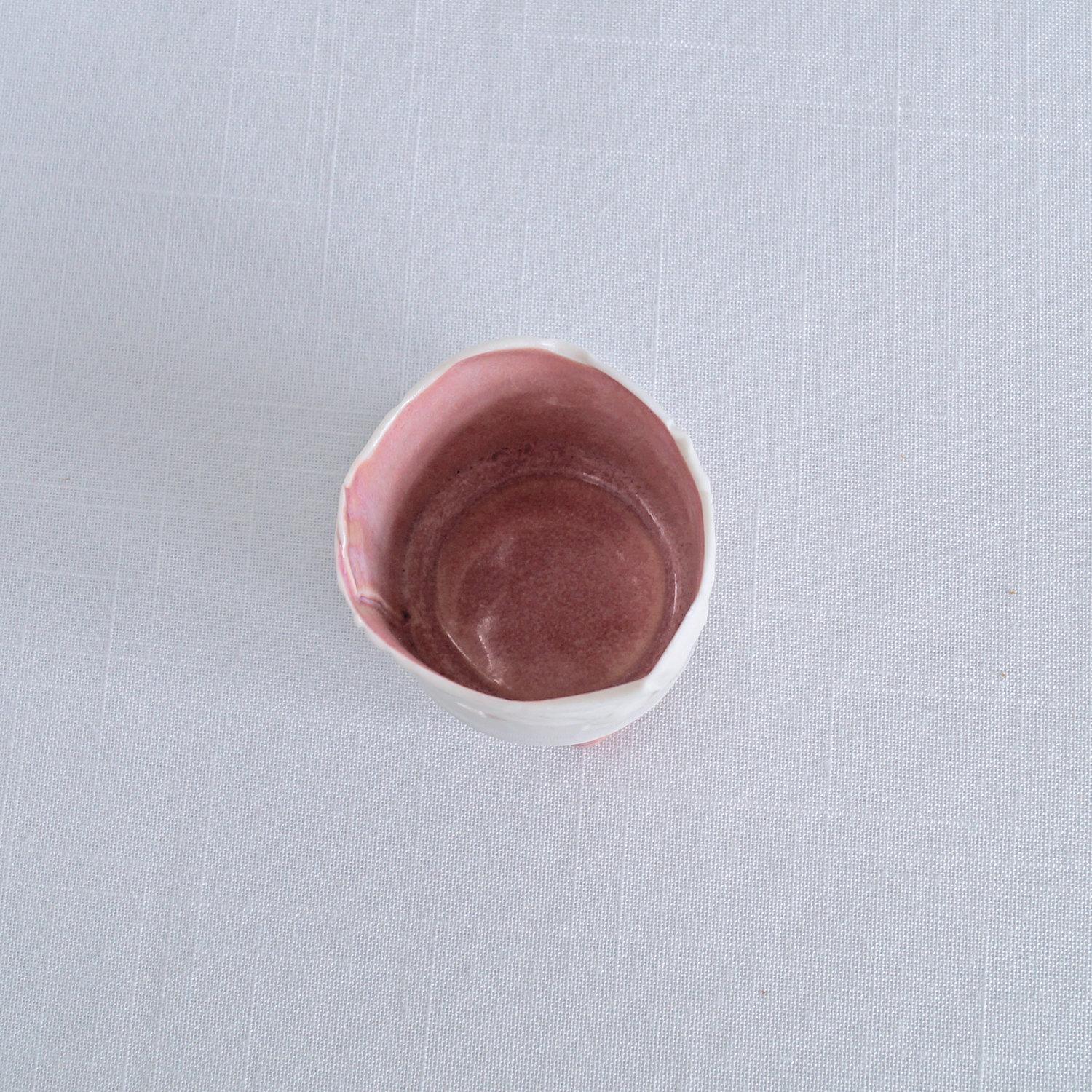 RUCHED No9, white porcelain, tea light holder, three feet, soft red, pink, gold lustre, Vanillakiln, UK, white candle holder,