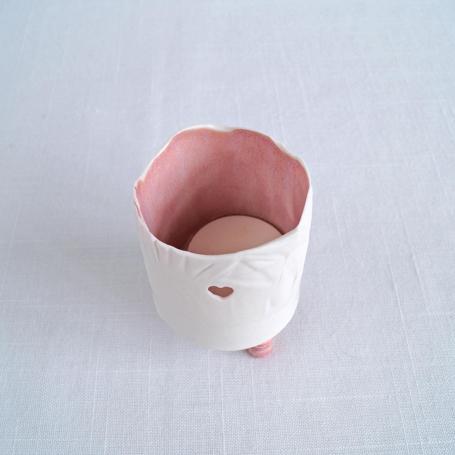 RUCHED No9, white porcelain, tea light holder, three feet, soft red, pink, gold lustre, Vanillakiln, UK, white candle holder,