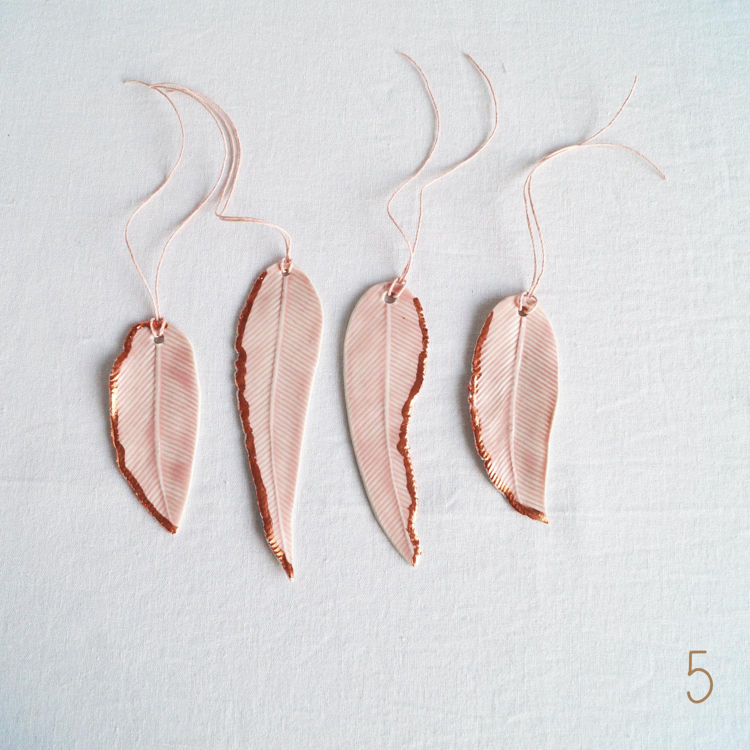 wall hanging decorations, porcelain FEATHER, decorations, pink, copper leaf, copper, white porcelain, Vanillakiln, Christmas 