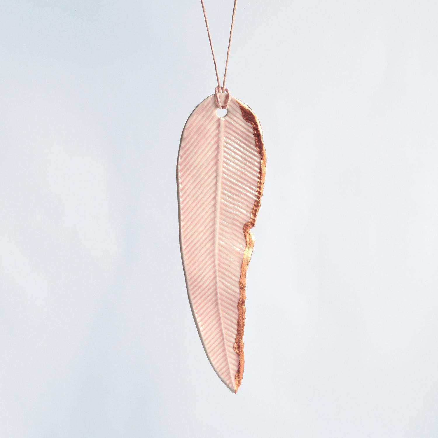 wall hanging decorations, porcelain FEATHER, decorations, pink, copper leaf, copper, white porcelain, Vanillakiln, Christmas 