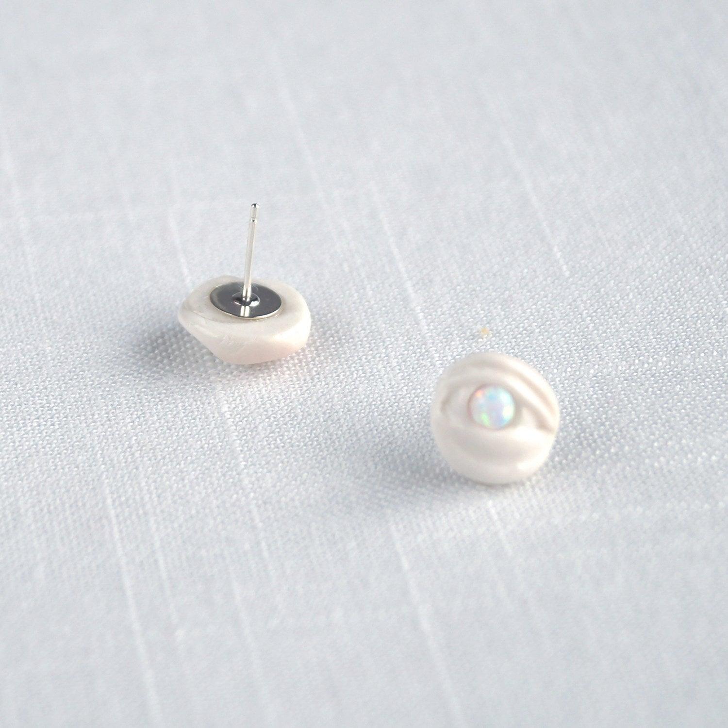 Mystic eye earrings, porcelain, opals, 925 sterling silver, stud earrings, VanillaKiln, sculpted eye earrings, porcelain eye 