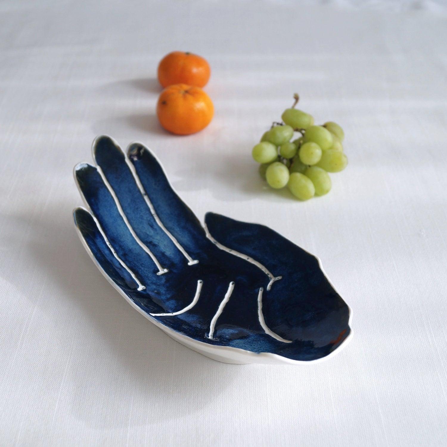 PALM, ceramic hand, ceramic fruit bowl, white porcelain, midnight blue, Vanillakiln, decorative bowl, UK, large hand, ceramic bowl, porcelain bowl, 