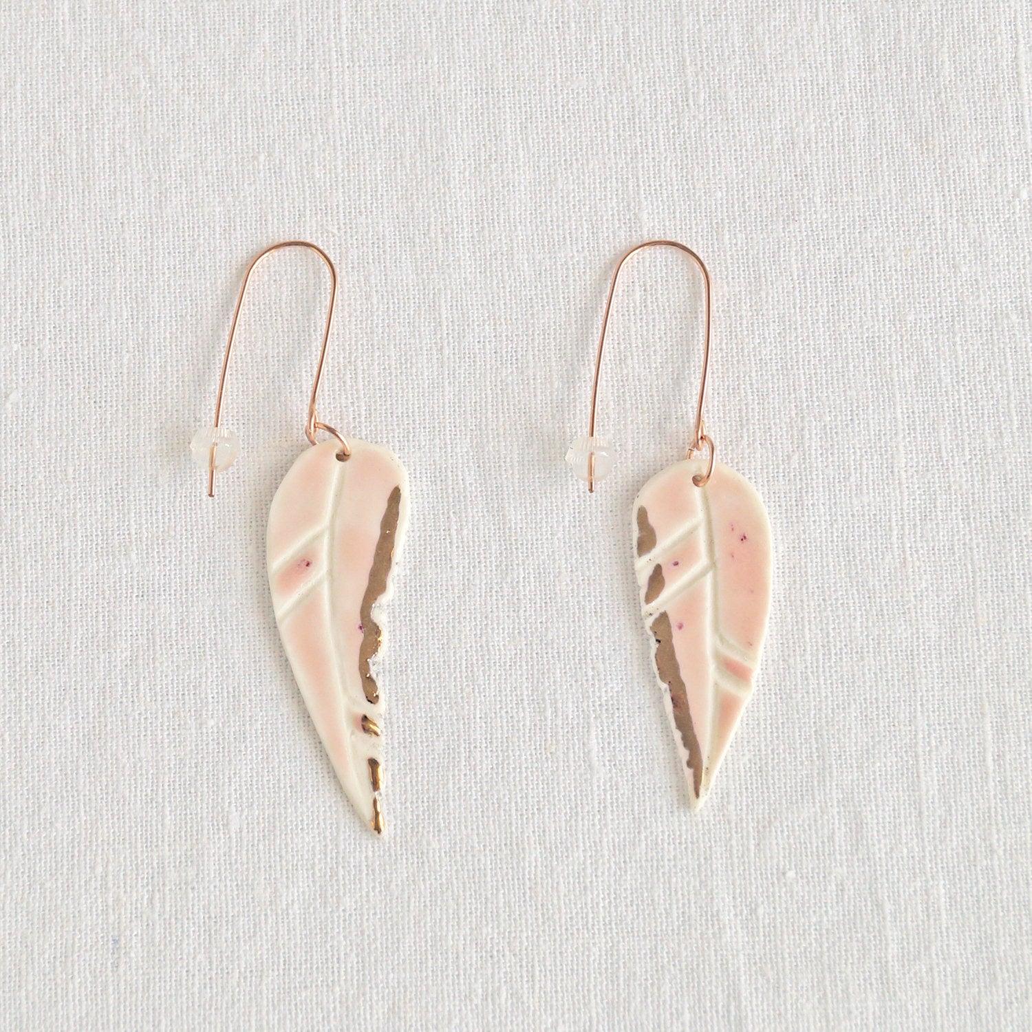 Porcelain earrings, pink feather earrings, gold lustre, sterling silver, vermeil, 14kt, rose gold filled, VanillaKiln, feathe