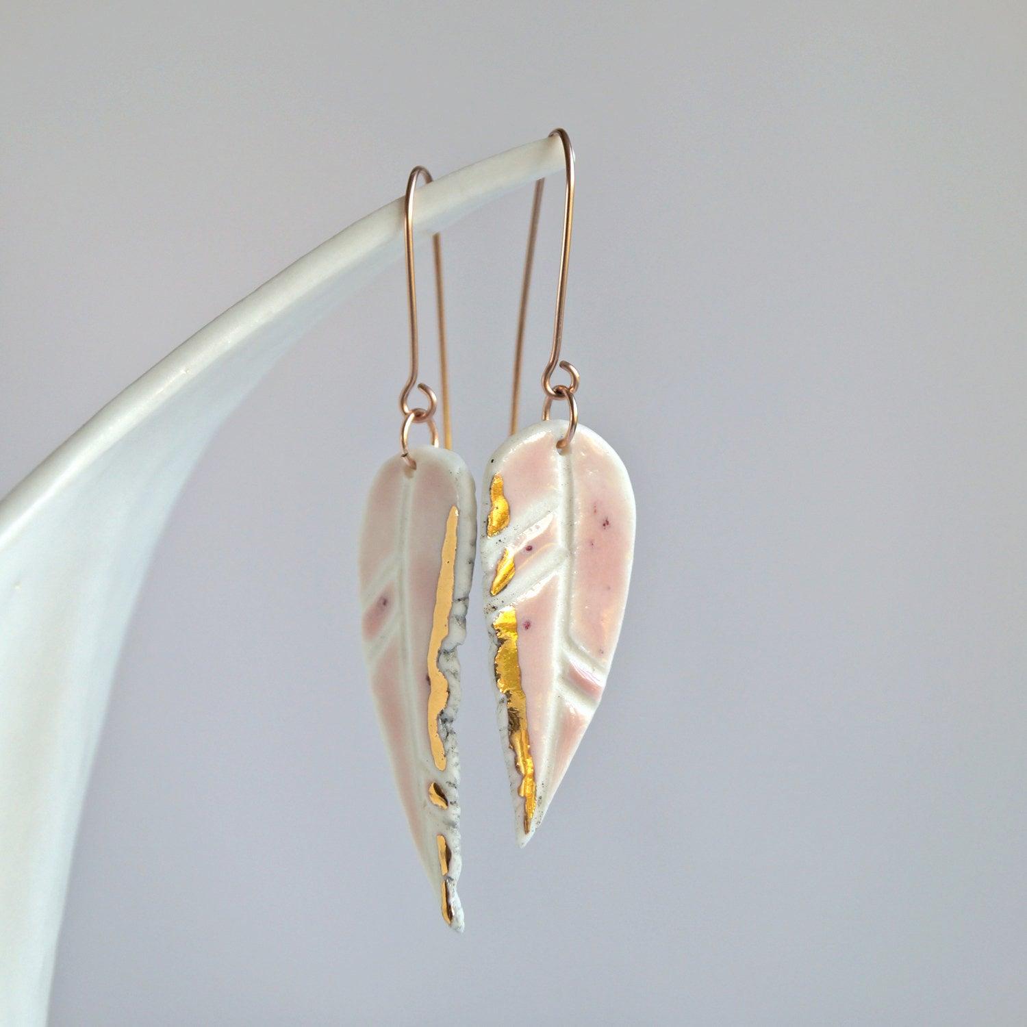 Porcelain earrings, pink feather earrings, gold lustre, sterling silver, vermeil, 14kt, rose gold filled, VanillaKiln, feathe