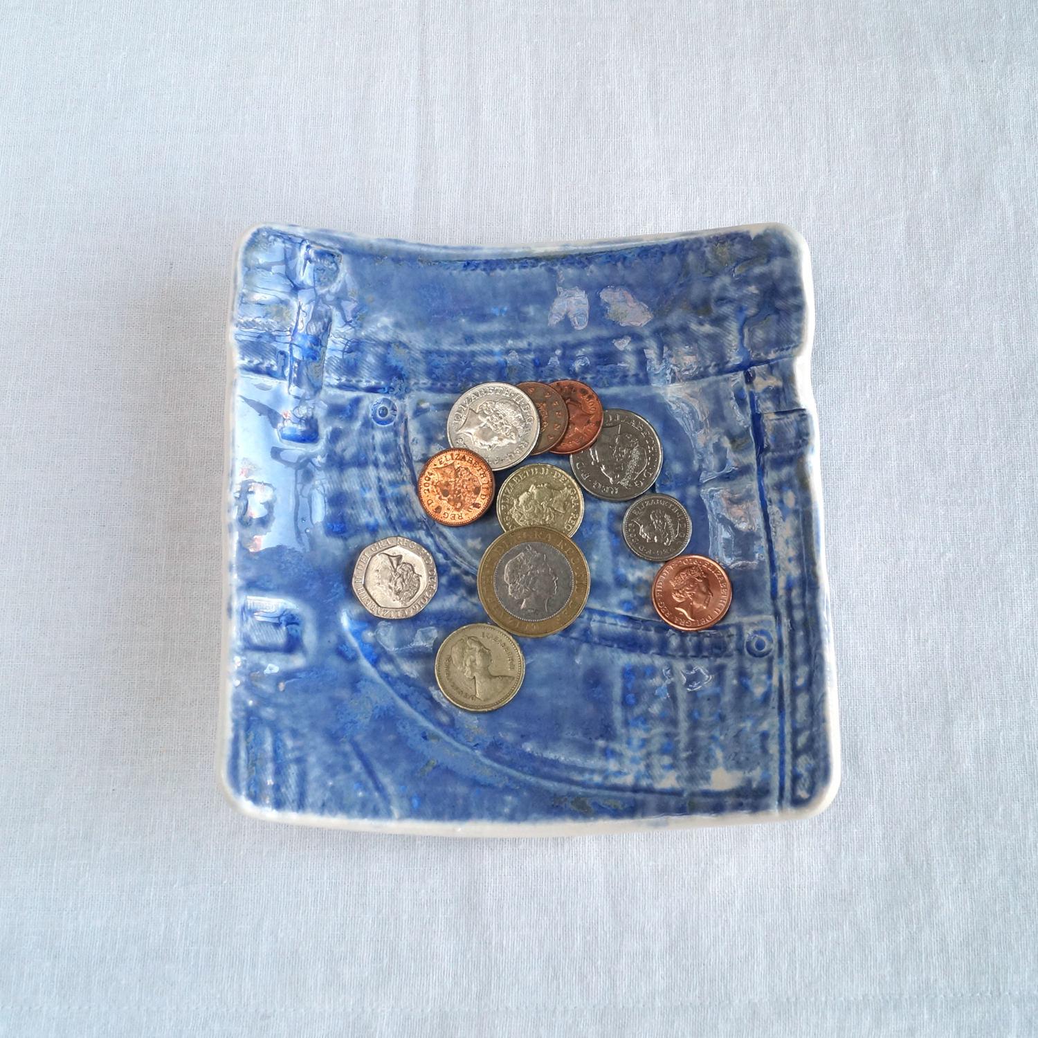JEANS bowl, ceramic coin bowl, white porcelain, blue denim, Vanillakiln, UK, ceramic man bowl, square ceramic bowl, 