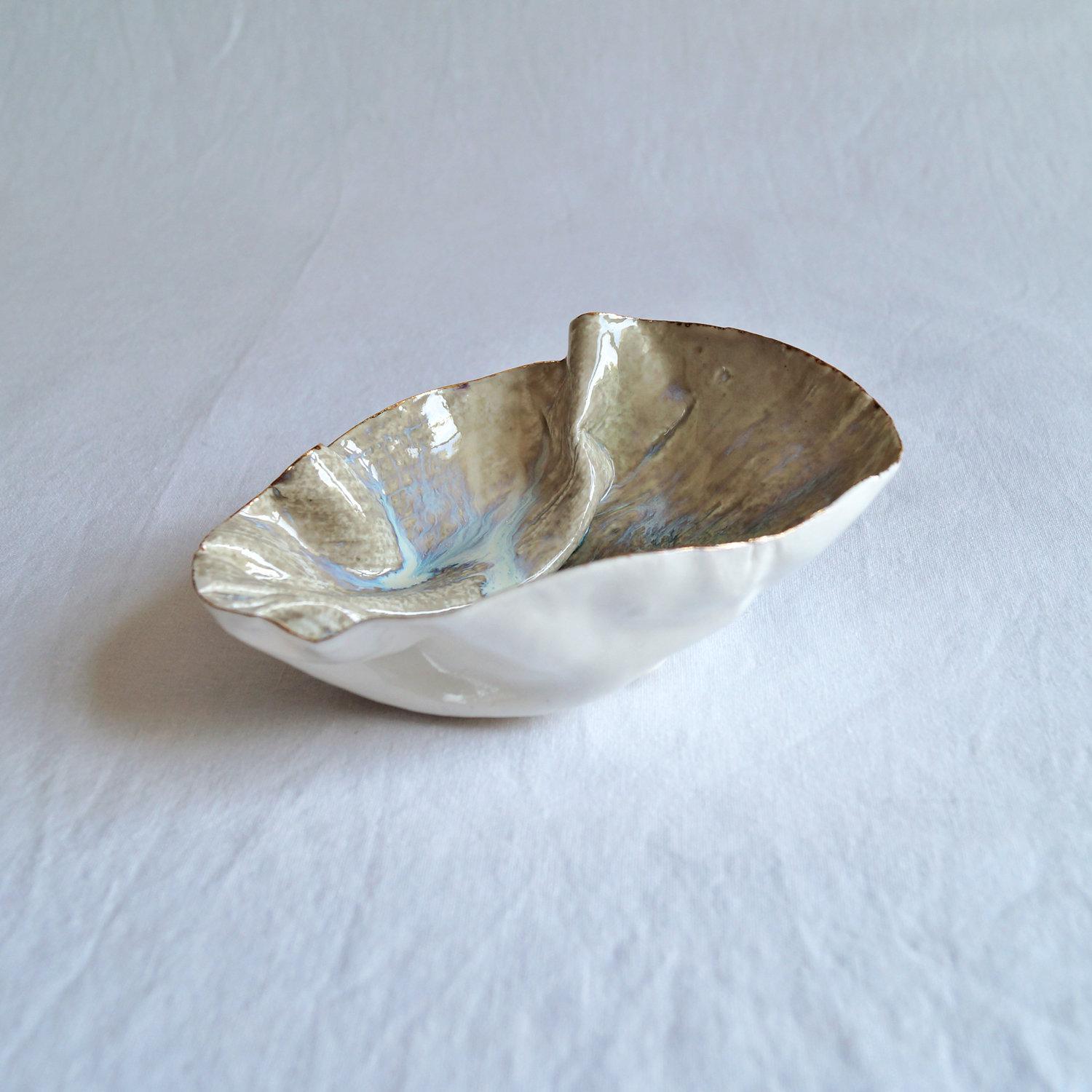 Gathered linen, oval bowl, art bowl, freeform bowl, porcelain bowl, linen texture, 8th anniversary, 12th anniversary, 18th an