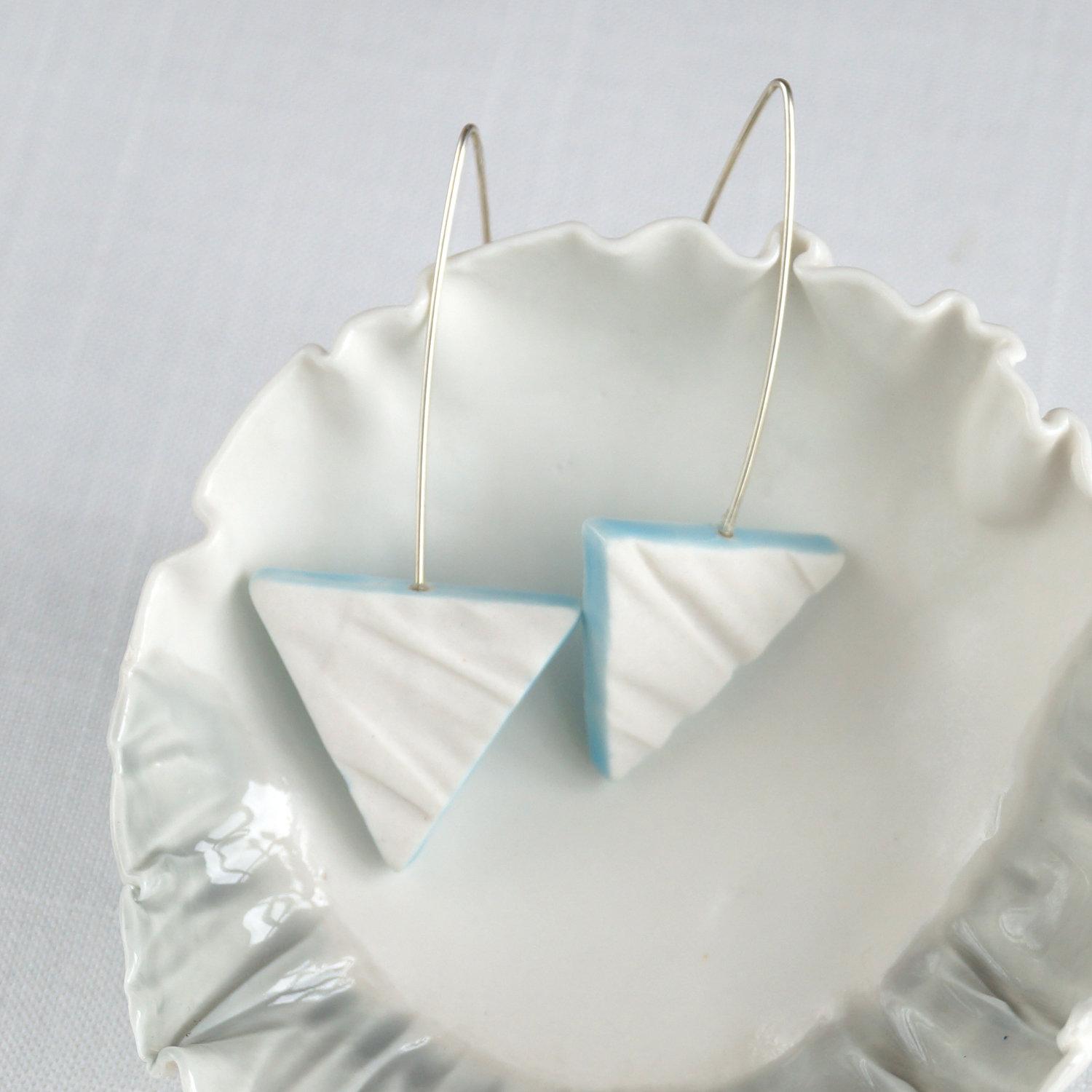 RUCHED triangle earrings, porcelain earrings, fashion jewellery, 11th anniversary, 18th anniversary, ruched satin texture, bl