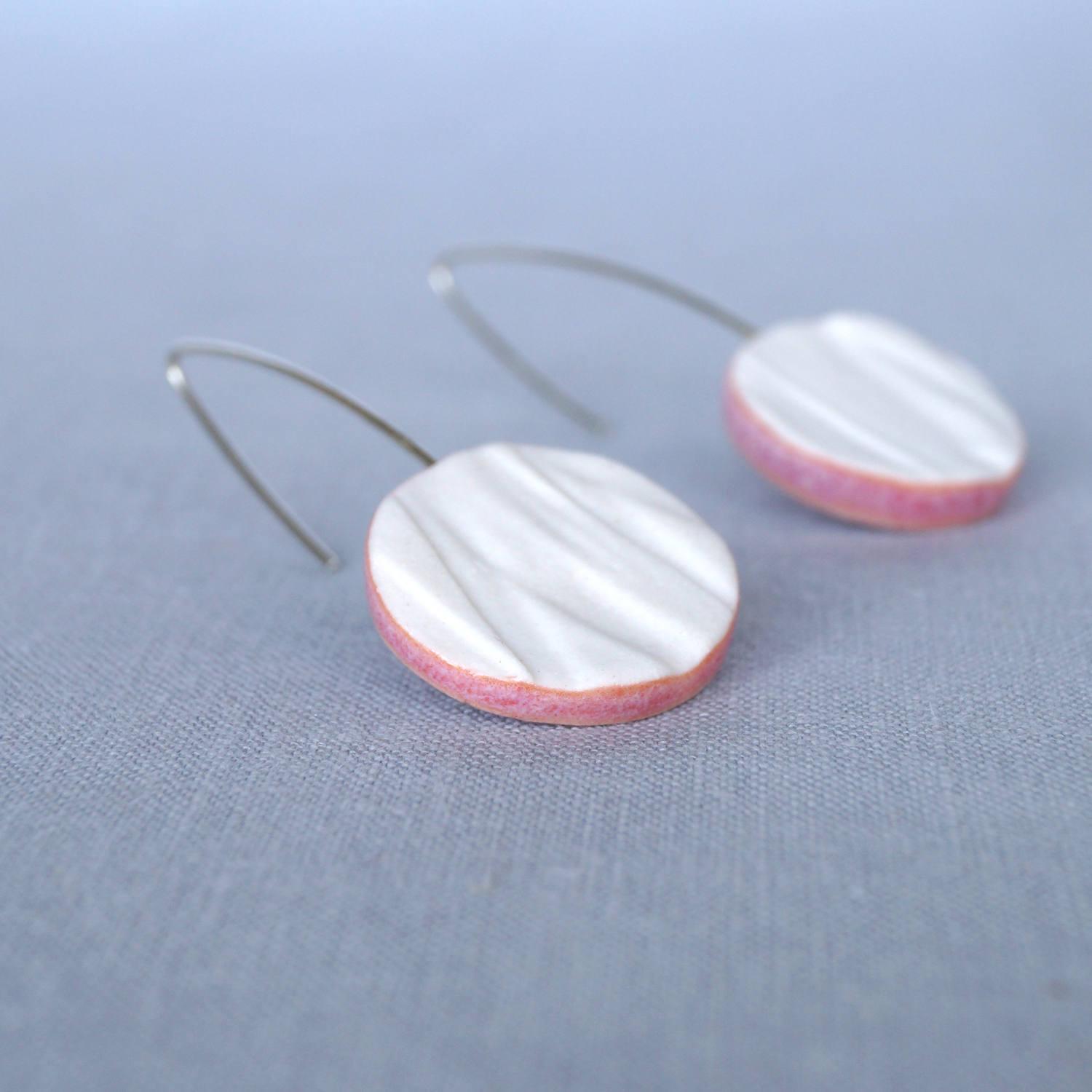 RUCHED circle earrings, porcelain earrings, satin texture, pink glaze, 925 sterling silver, ear wires, Vanillakiln, statement