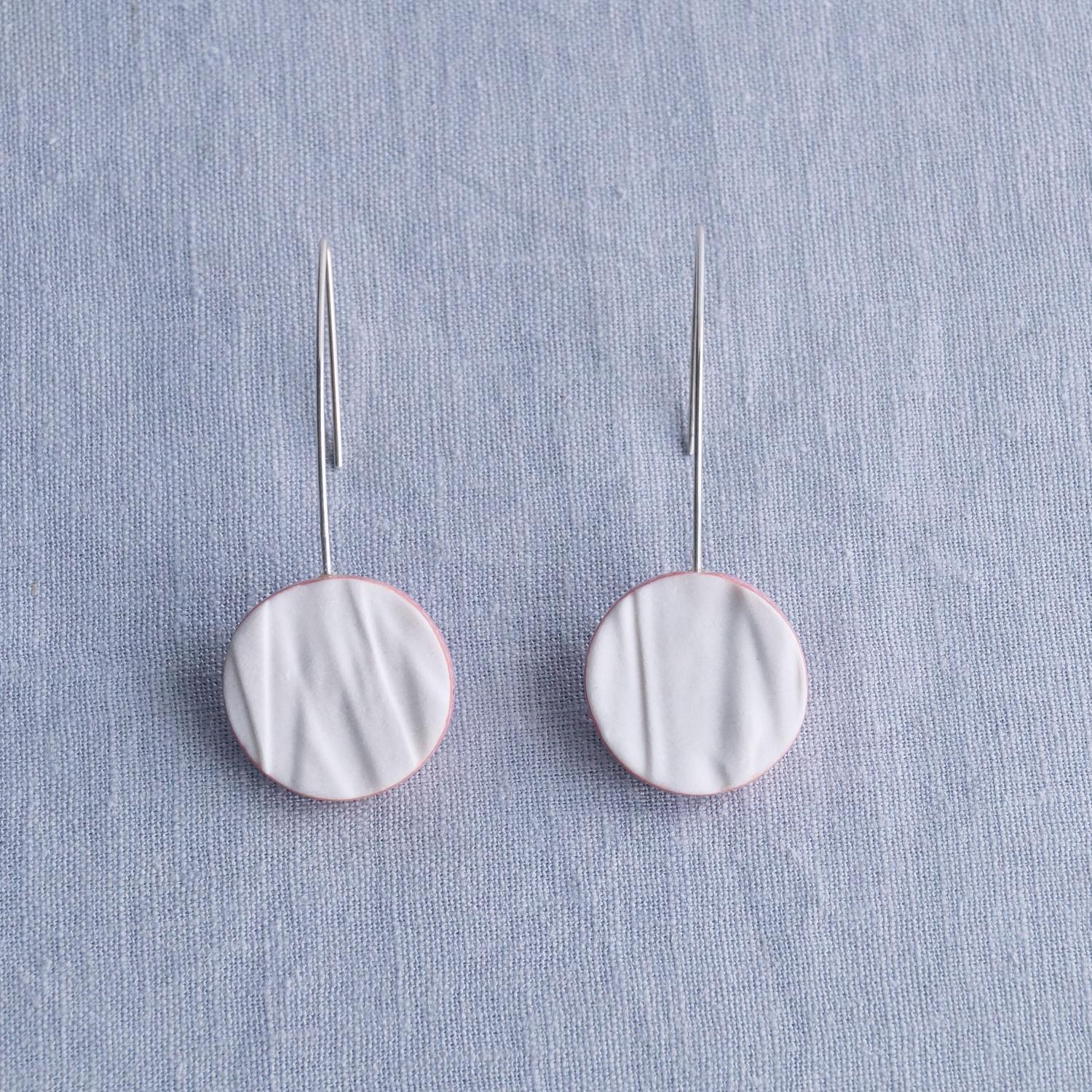 RUCHED circle earrings, porcelain earrings, satin texture, pink glaze, 925 sterling silver, ear wires, Vanillakiln, statement