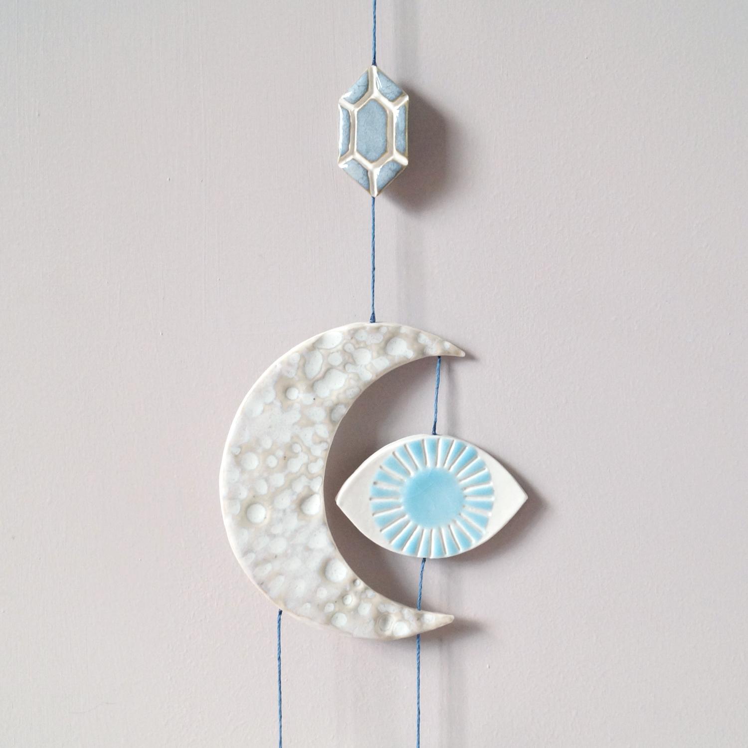 Mystic EYE LIGHT hanging ceramic wall art with porcelain symbols, Vanillakiln