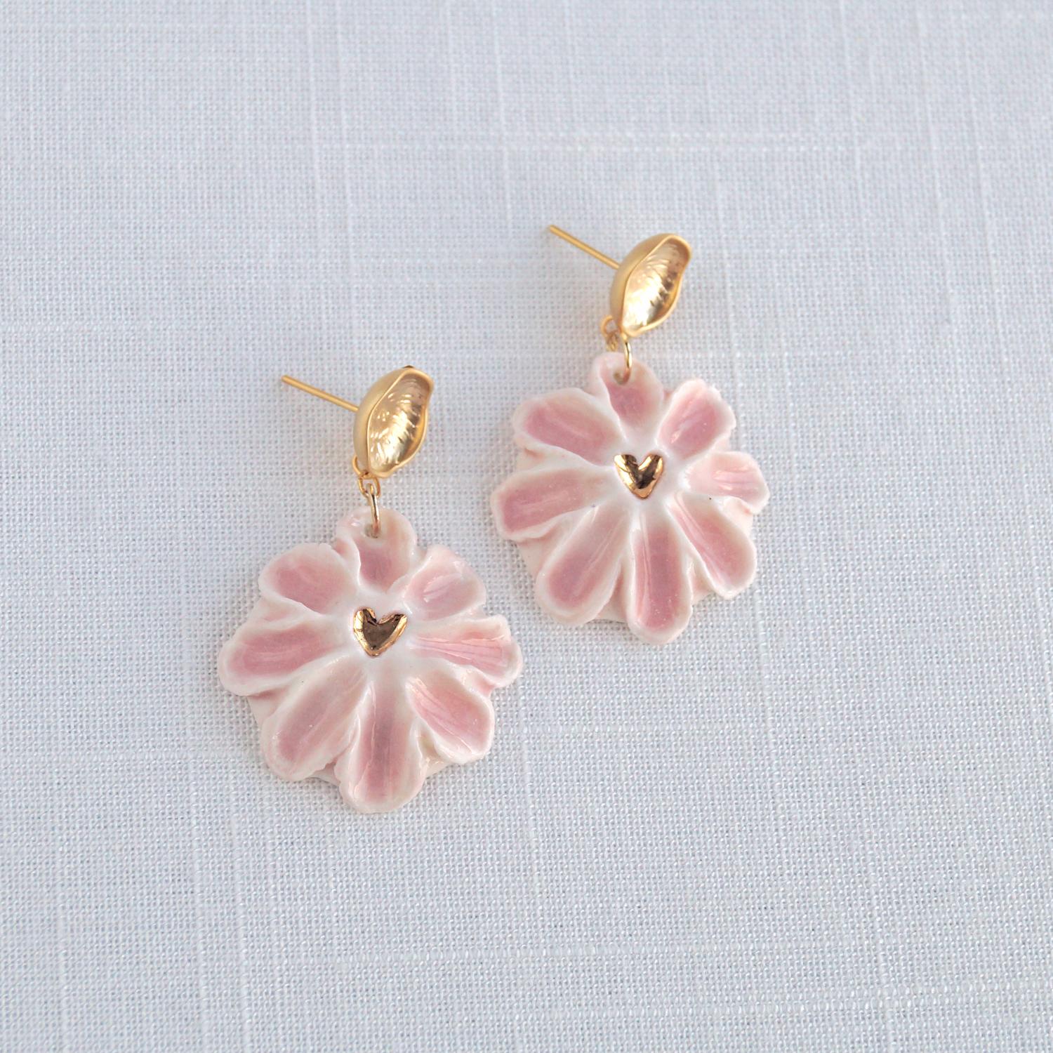 HEART burst earrings, heart earrings, 18th wedding anniversary gift, Valentines day gift, white porcelain, gold filled bead c