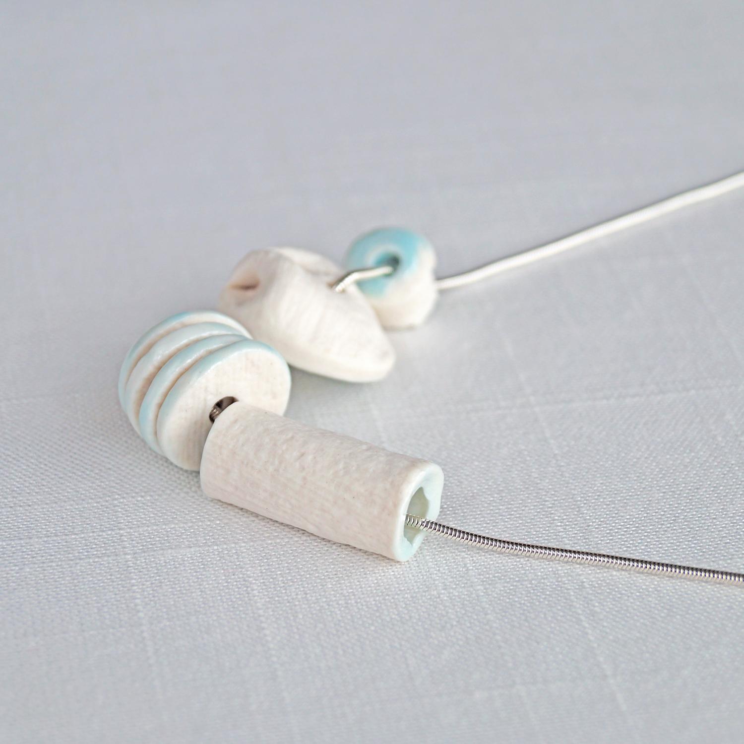 LINEN bead necklace, artisan necklace, white porcelain beads, celadon blue glaze, 925 sterling silver, snake chain, Vanillaki