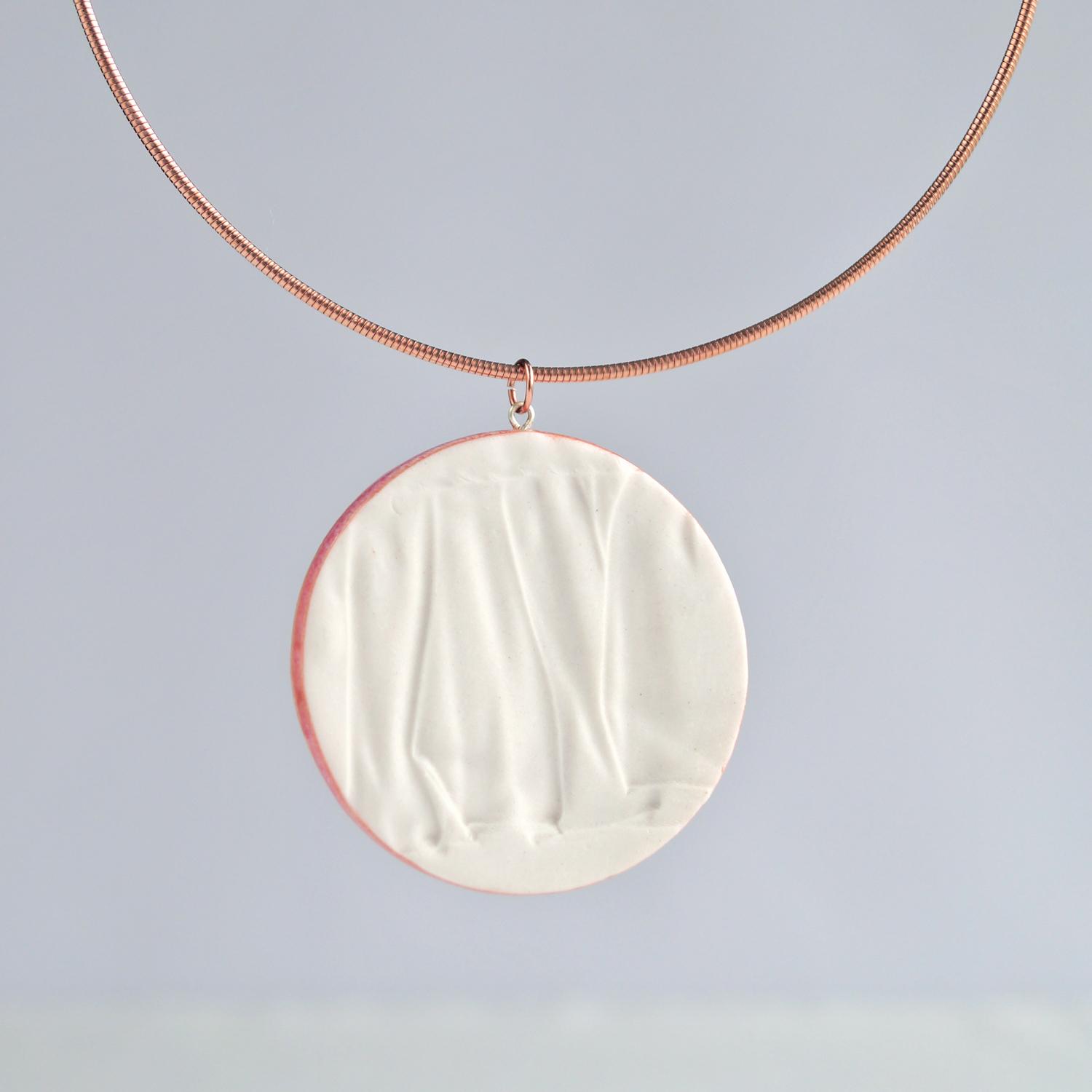 RUCHED circle necklace, circular, porcelain necklace, fashion jewellery, 11th anniversary, 18th anniversary, pink glaze, rose