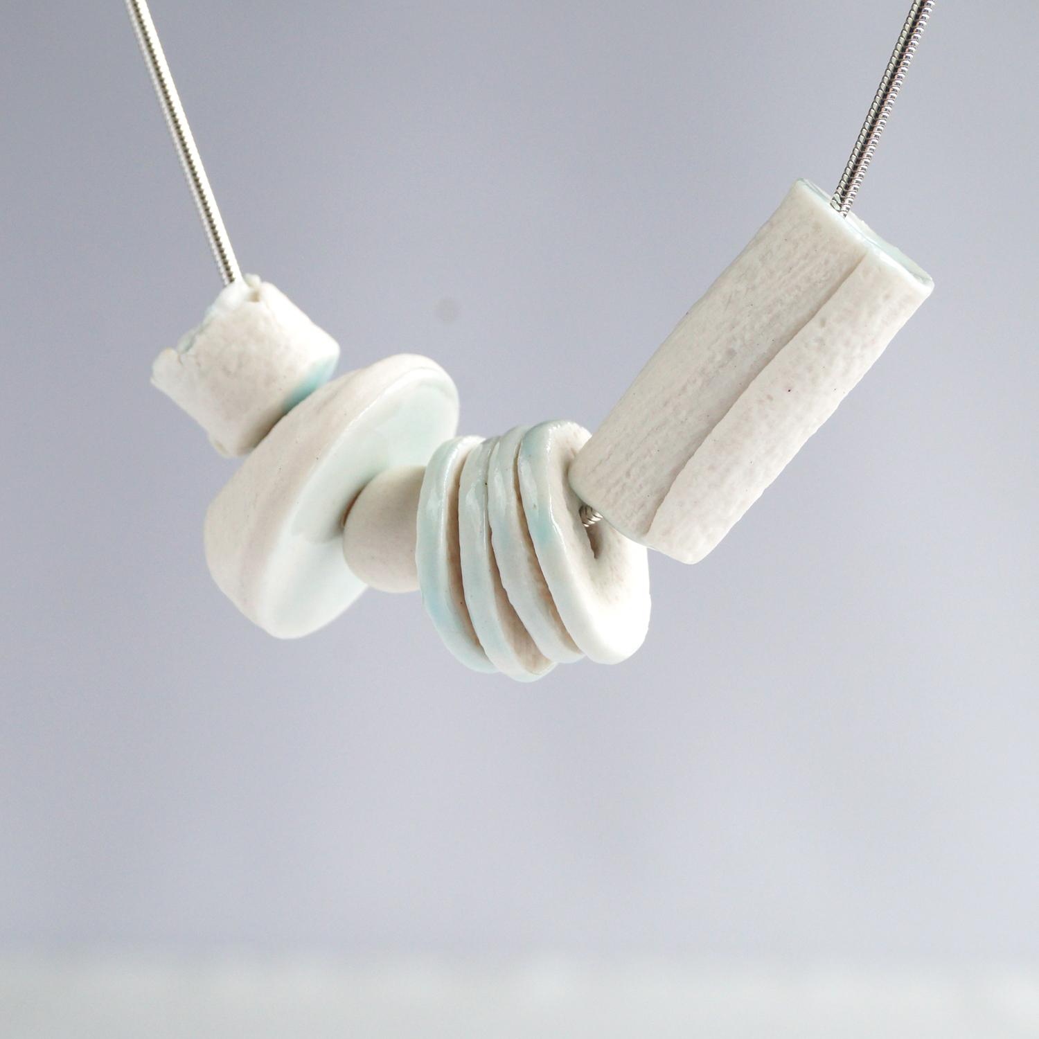 LINEN bead necklace, artisan necklace, white porcelain beads, celadon blue glaze, 925 sterling silver, snake chain, Vanillaki