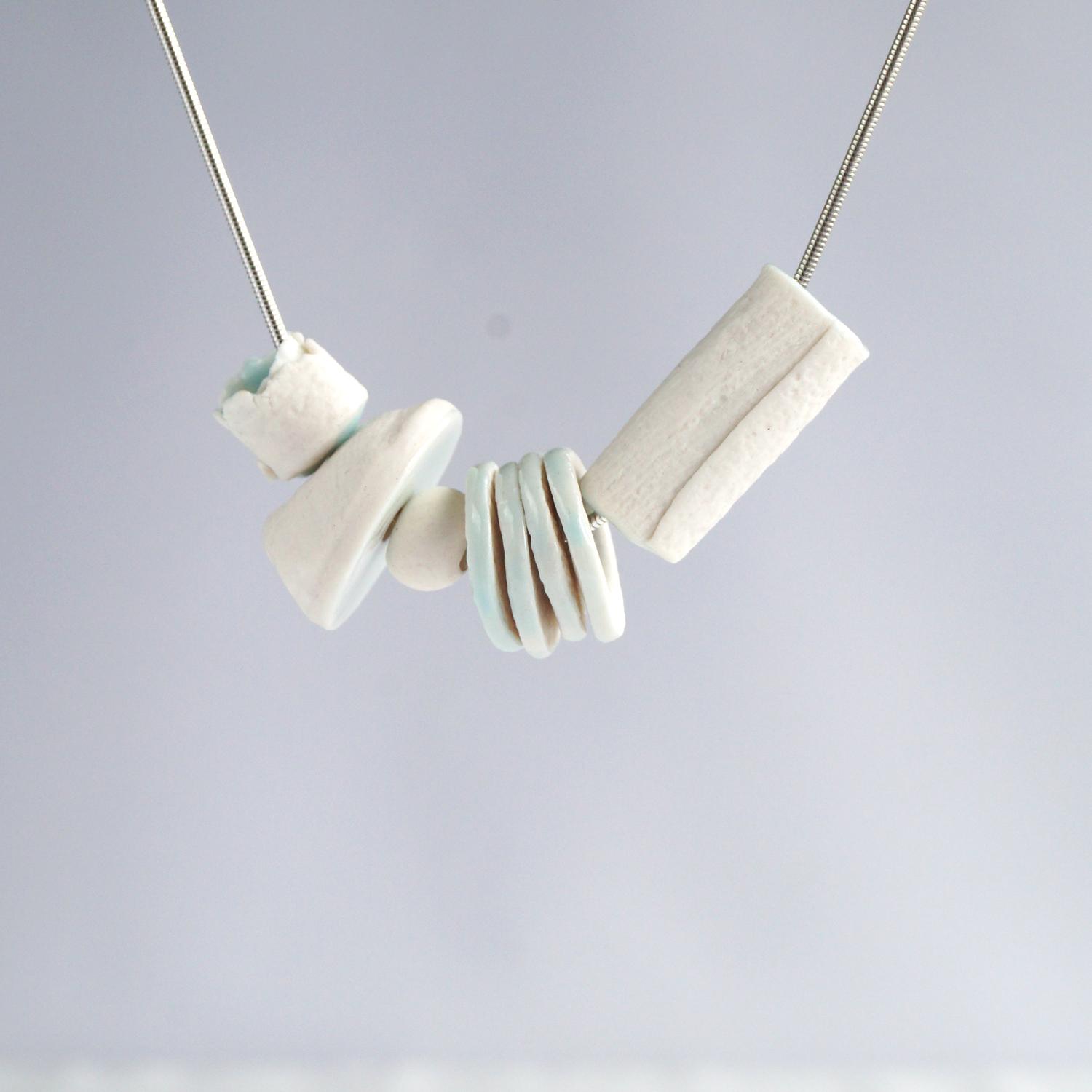 LINEN bead necklace, modern necklace, 8th anniversary, 12th anniversary, white porcelain beads, celadon blue glaze, 925 sterl