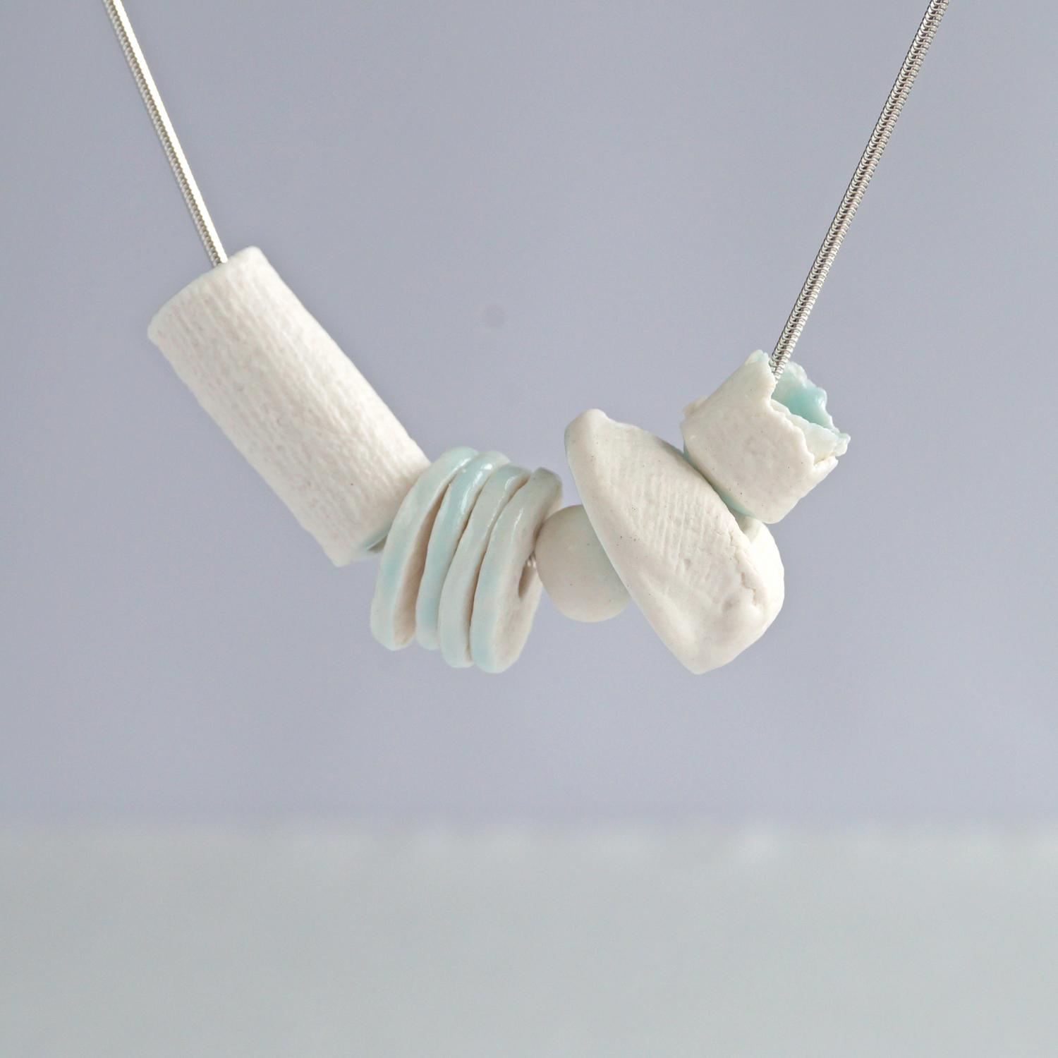 LINEN bead necklace, modern necklace, 8th anniversary, 12th anniversary, white porcelain beads, celadon blue glaze, 925 sterl