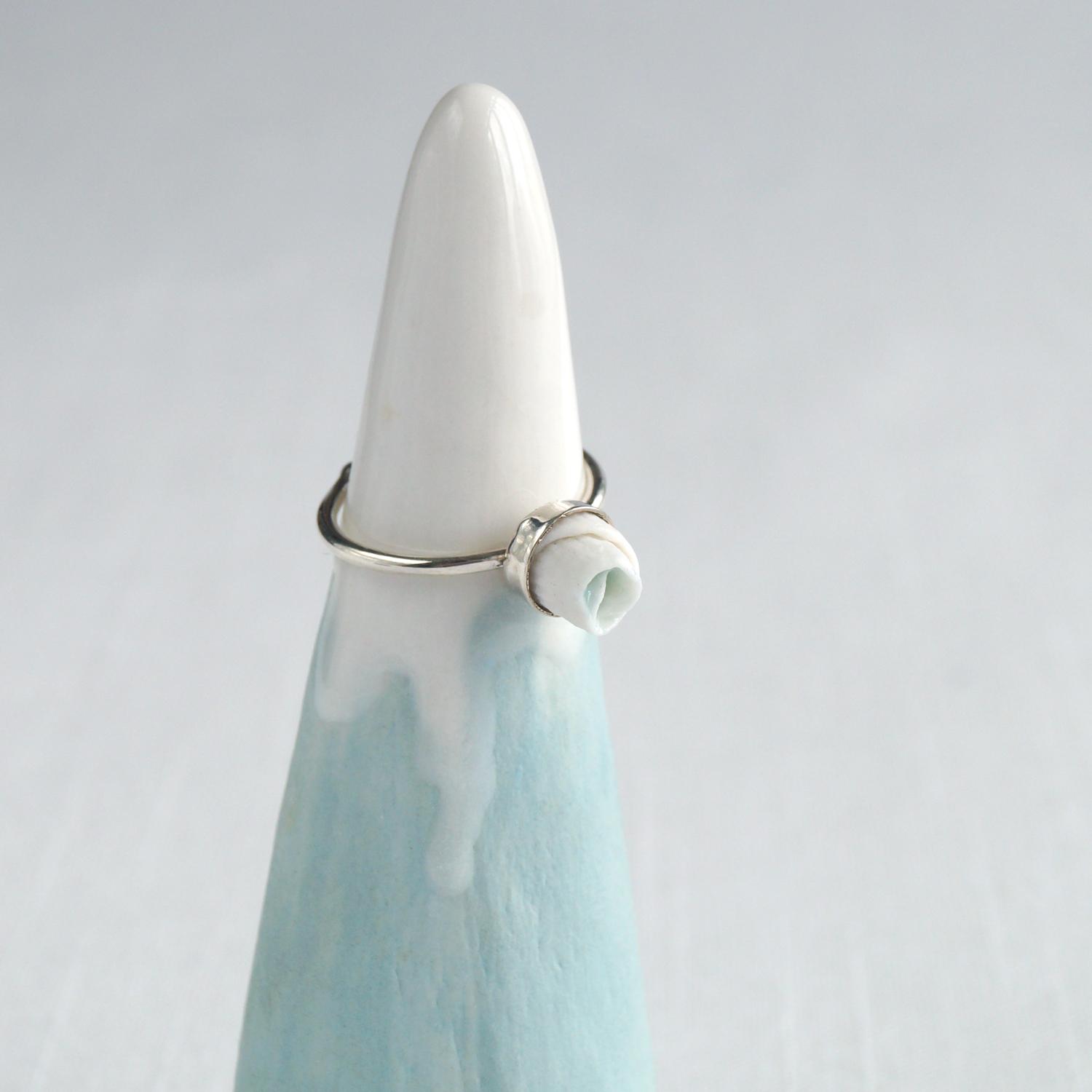 Linen, white porcelain, adjustable ring, celadon blue, 925 sterling silver, 12th anniversary, 8th anniversary, wedding annive