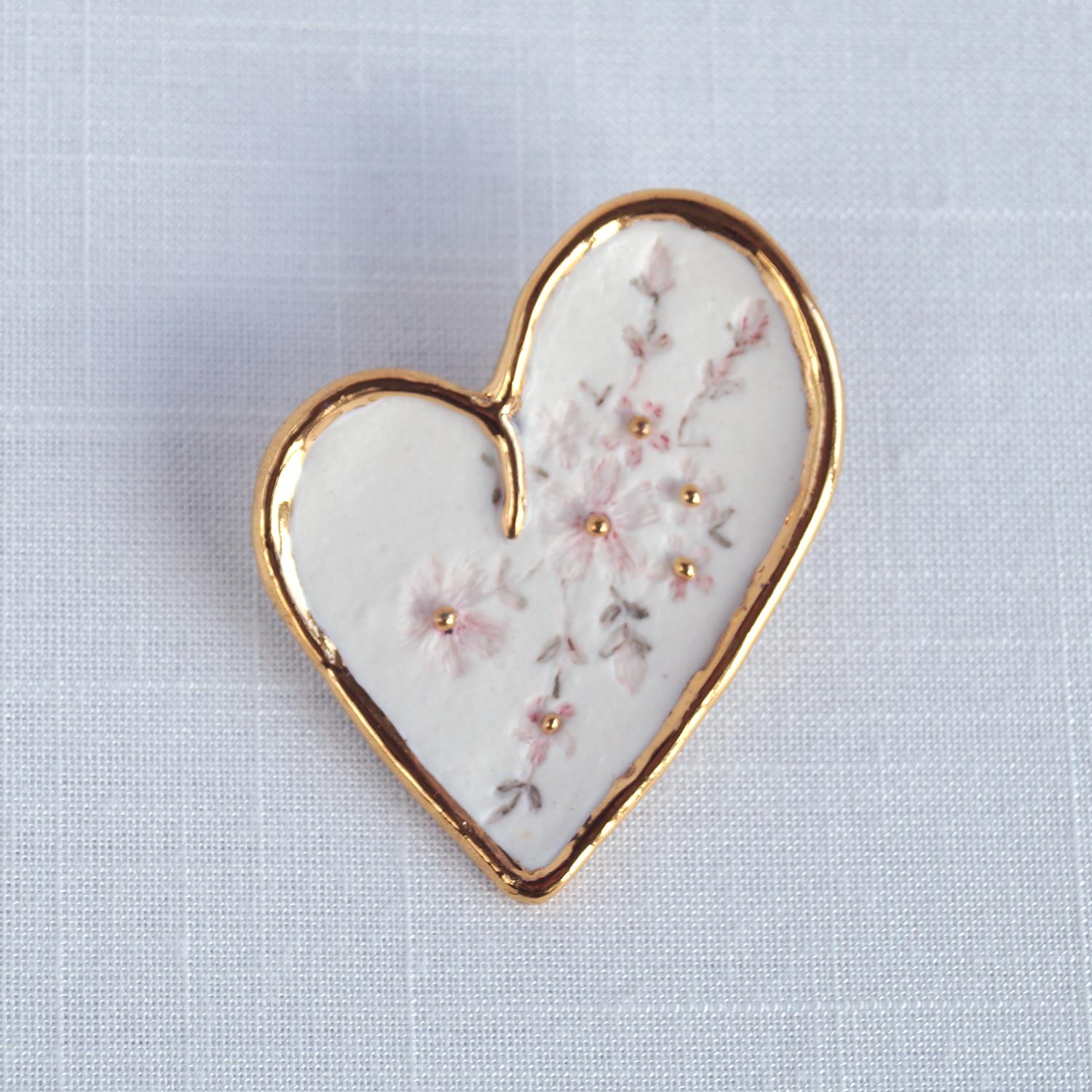 Porcelain embroidery HEART brooch, white pink porcelain, 24 k gold lustre, white porcelain brooch, embroidery impressed porce