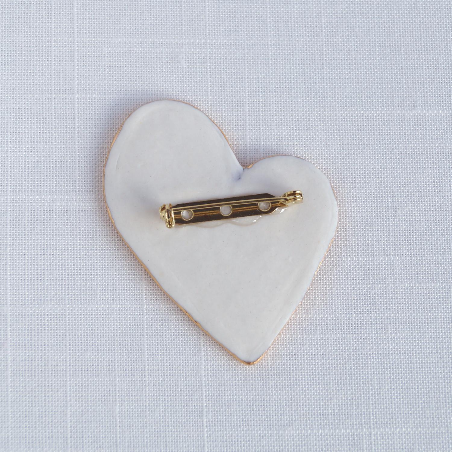 Porcelain embroidery HEART brooch, white pink porcelain, 24 k gold lustre, white porcelain brooch, embroidery impressed porce