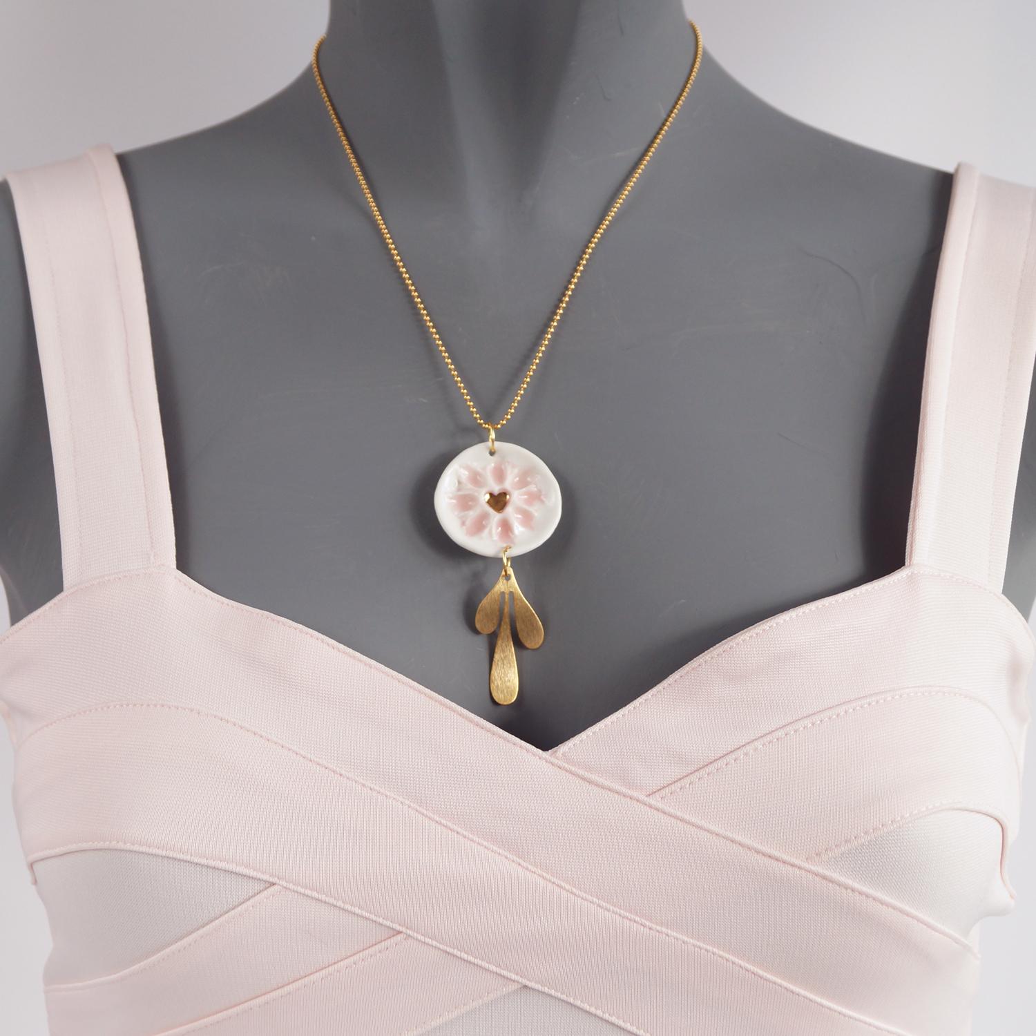 HEART blossom necklace, heart necklace, white porcelain, gold fill bead chain, Vanillakiln, 18th anniversary gift